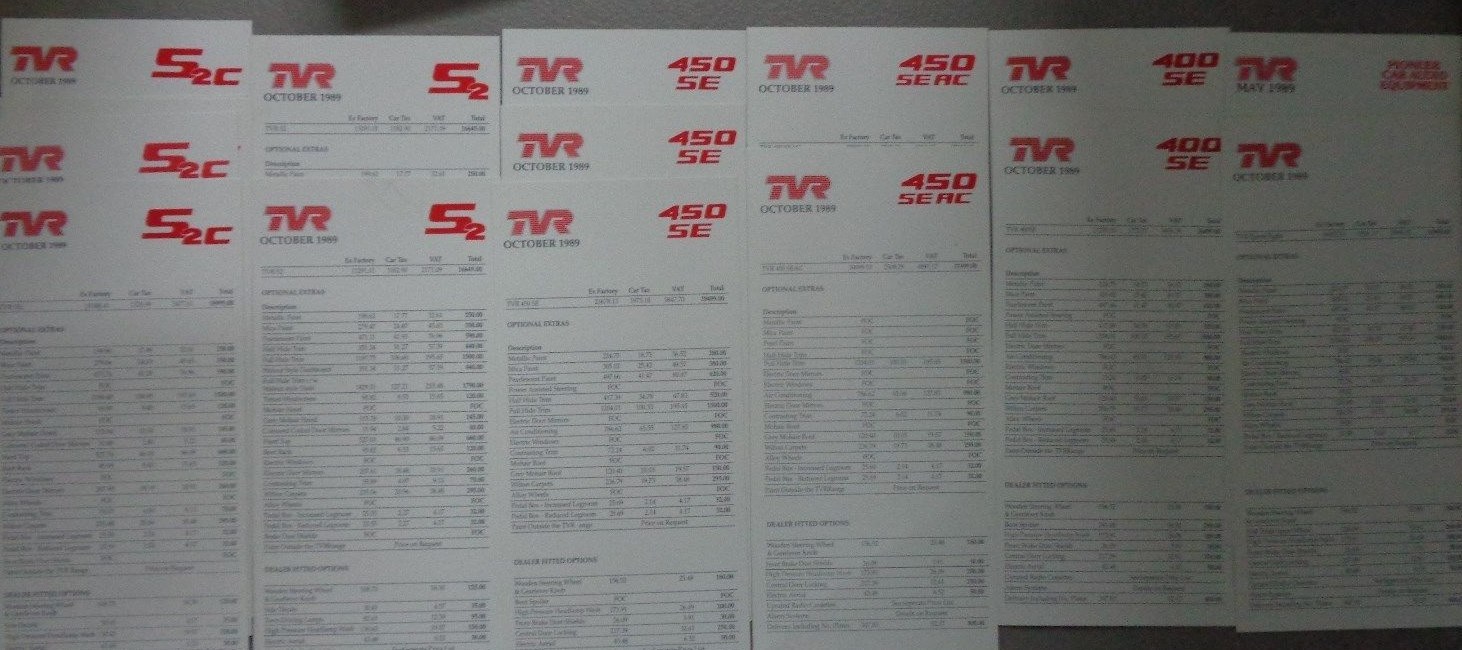 1989 TVR Price List Brochure Sheets Lot of 20+