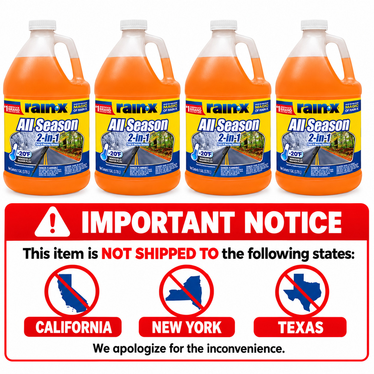 Rain-X 2-in-1 All-Season Windshield Washer Fluid, 1 Gal 4 Pack