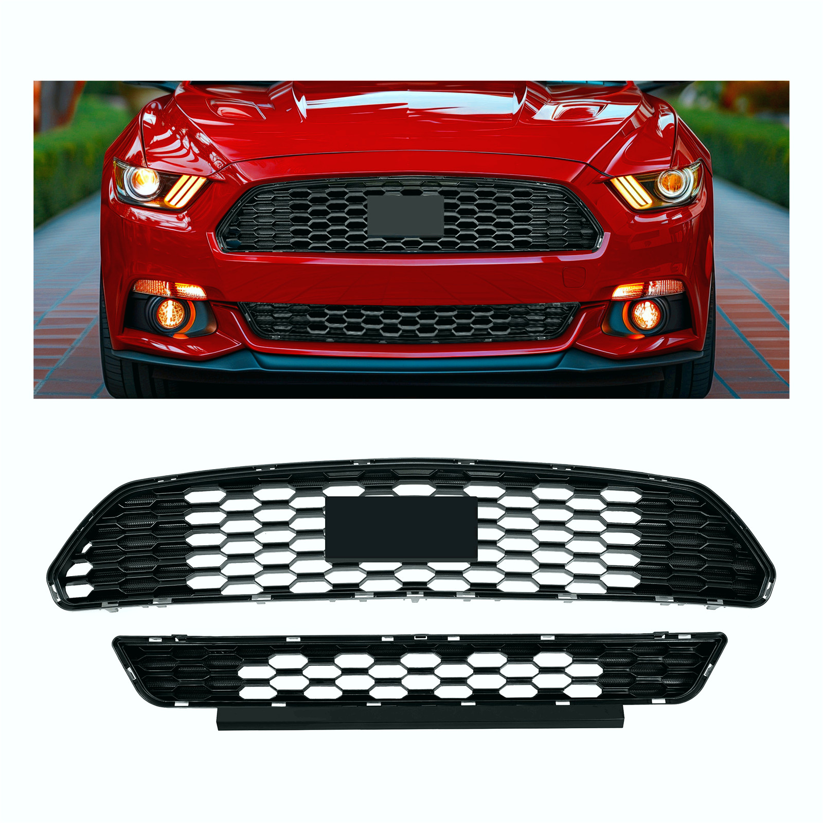 Front Bumper Upper & Lower Mesh Grille Grill Fit 2015 2016 2017 Ford Mustang