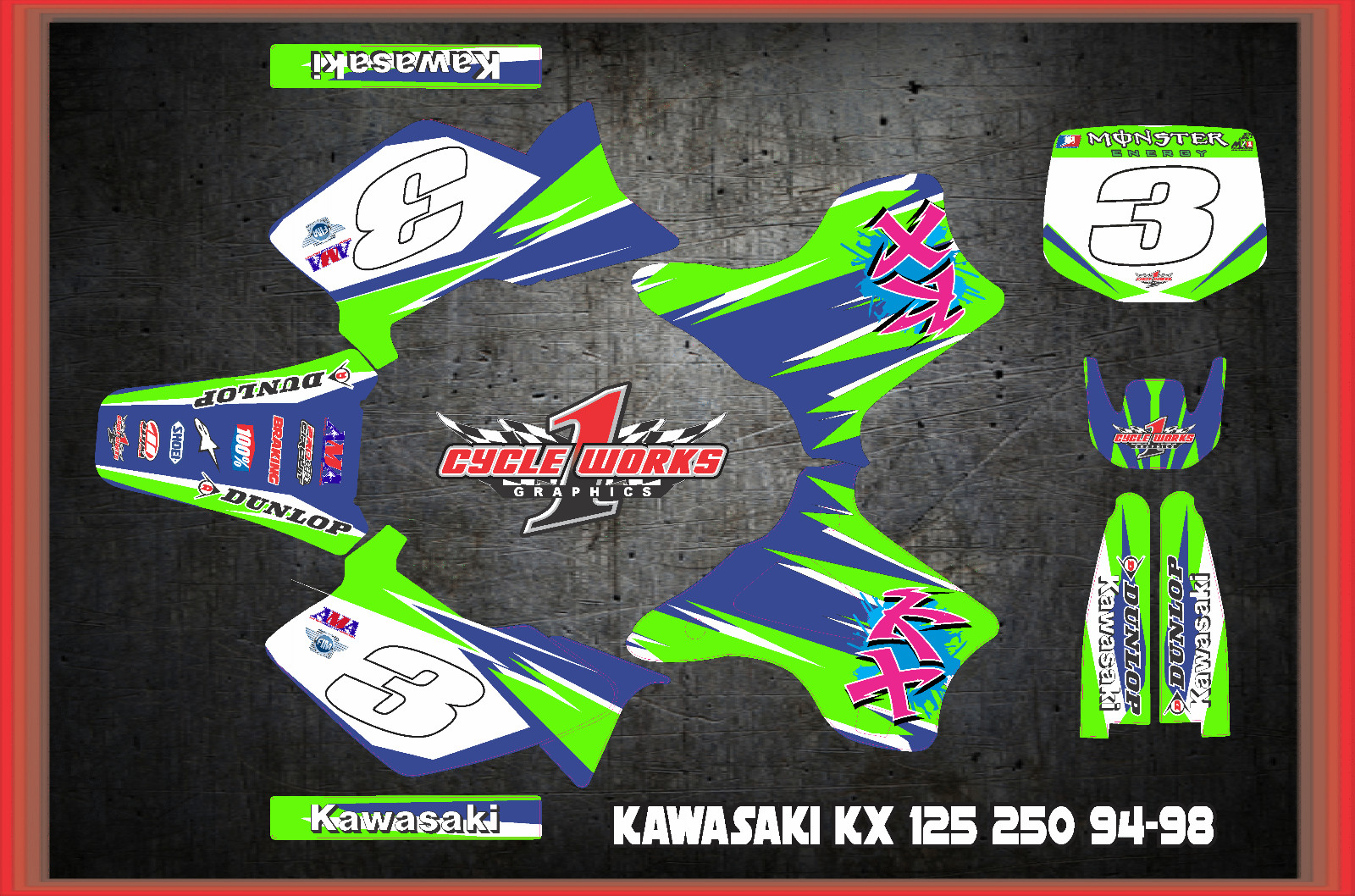 Kawasaki KX 125 - Kx 250 94-98 CUSTOM Retro  GRAPHIC KITS 