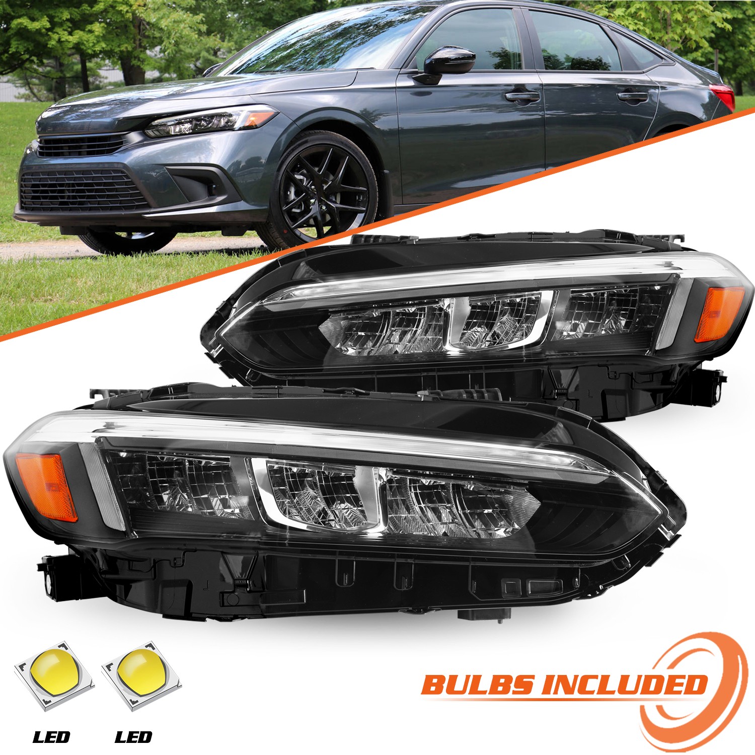 For 2022-2025 Honda Civic Chrome Full LED Headlights Assembly Pair 22-25