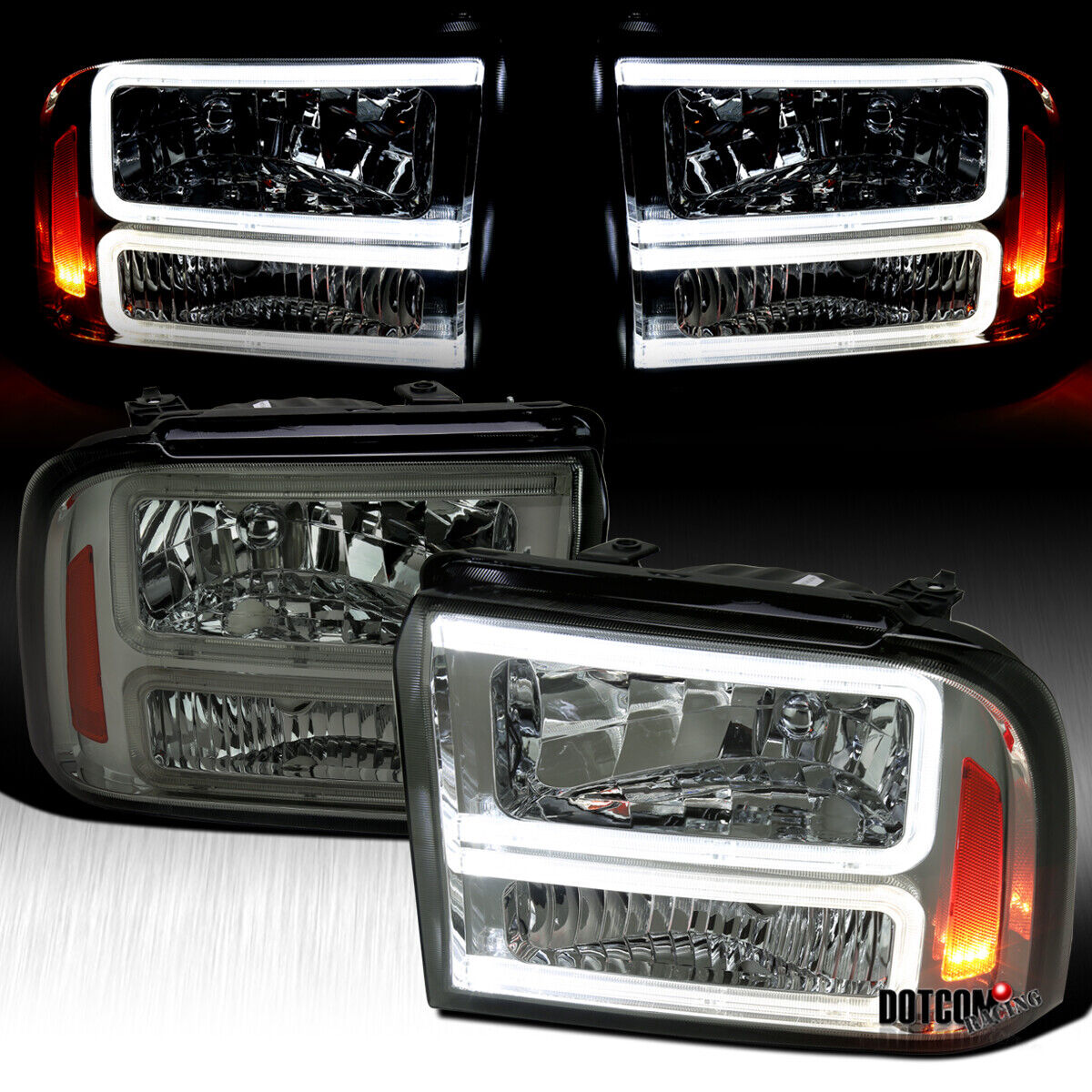 Fit 2005-2007 Ford F250 F350 F450 LED Tubes Headlights Smoke Lamps Left+Right