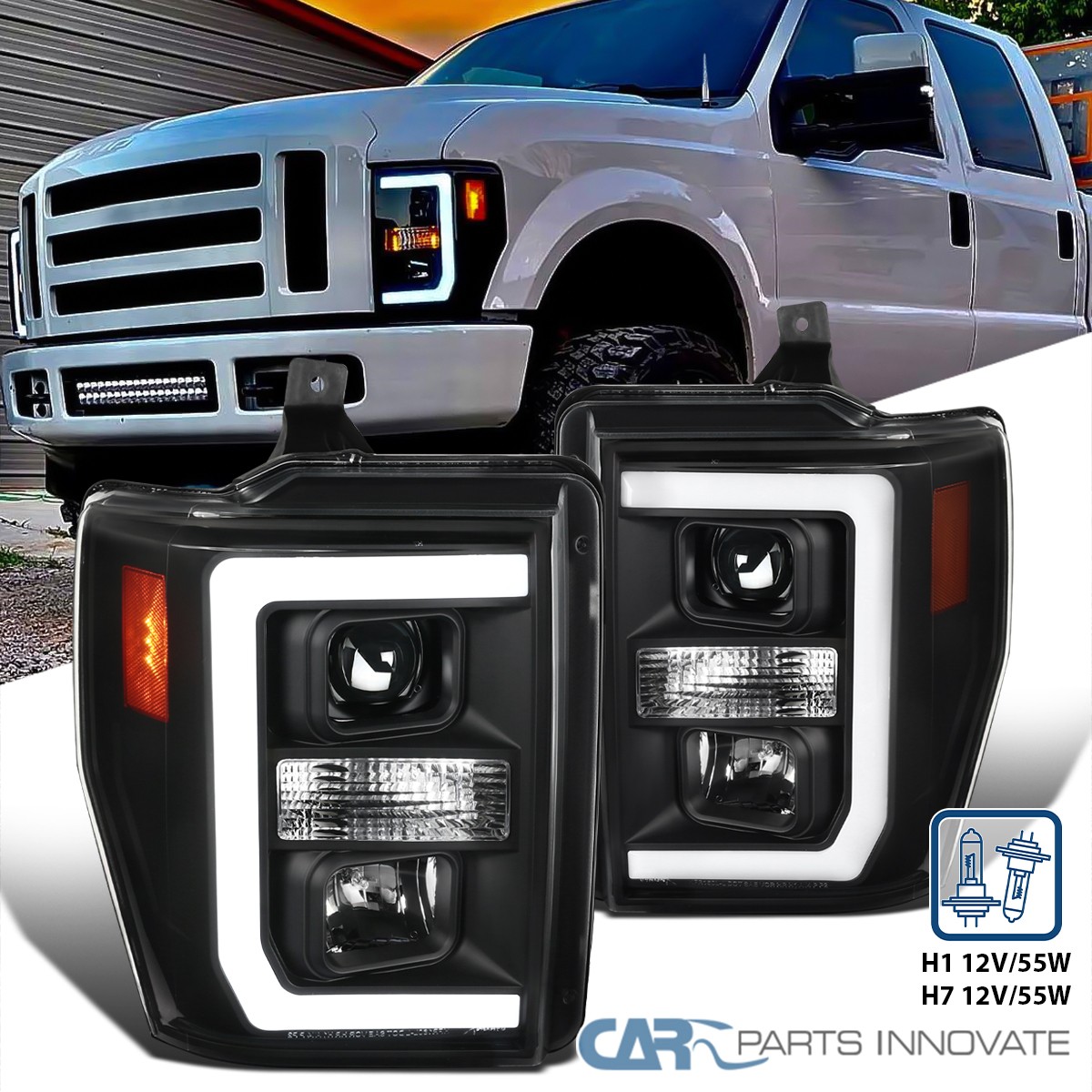Fits 08-10 F250 F350 F450 F550 Superduty Black LED Tube Bar Projector Headlights