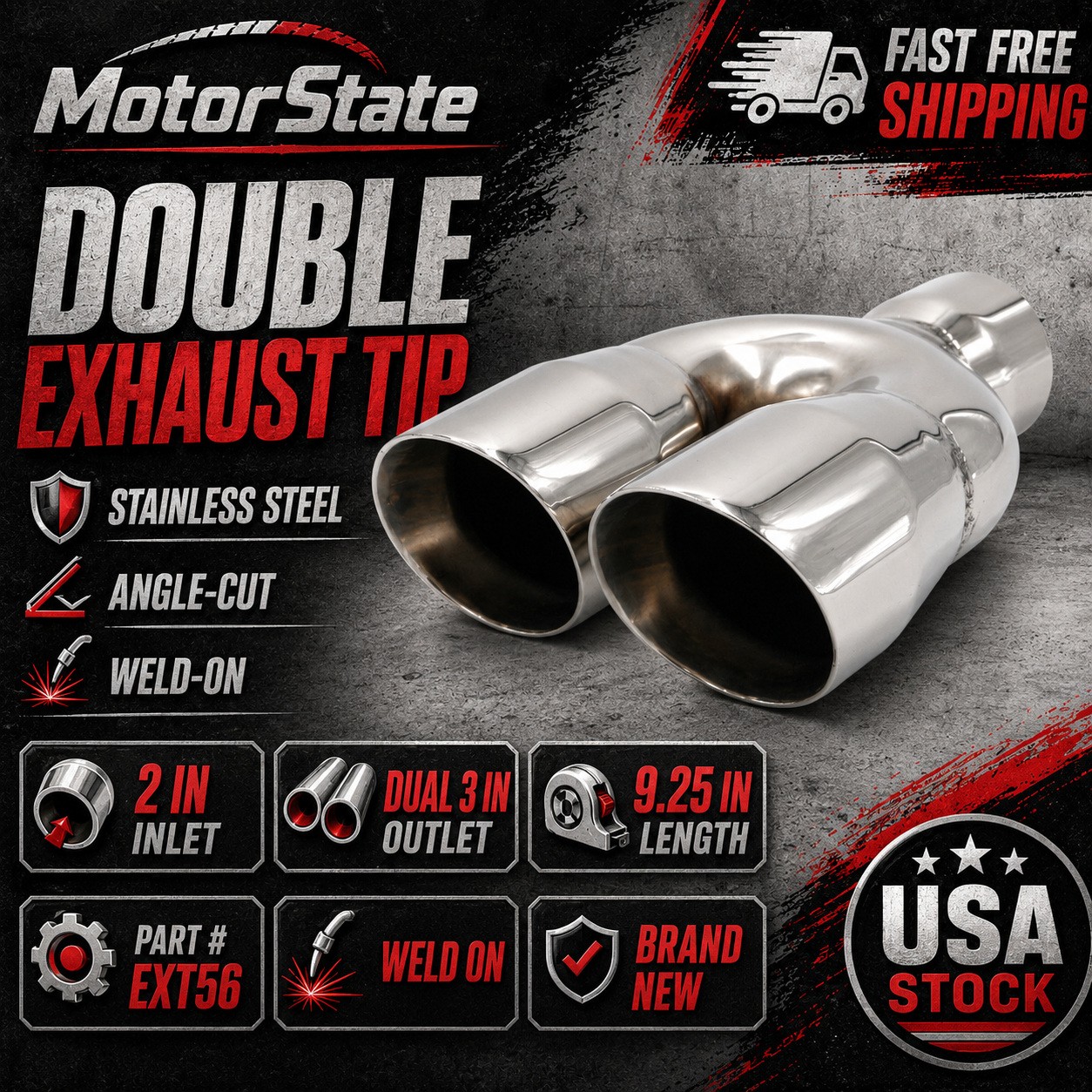 2'' / 3'' / 9.25'' Inlet/Outlet/Length Double Exhaust Tip Twins Outlet Angled