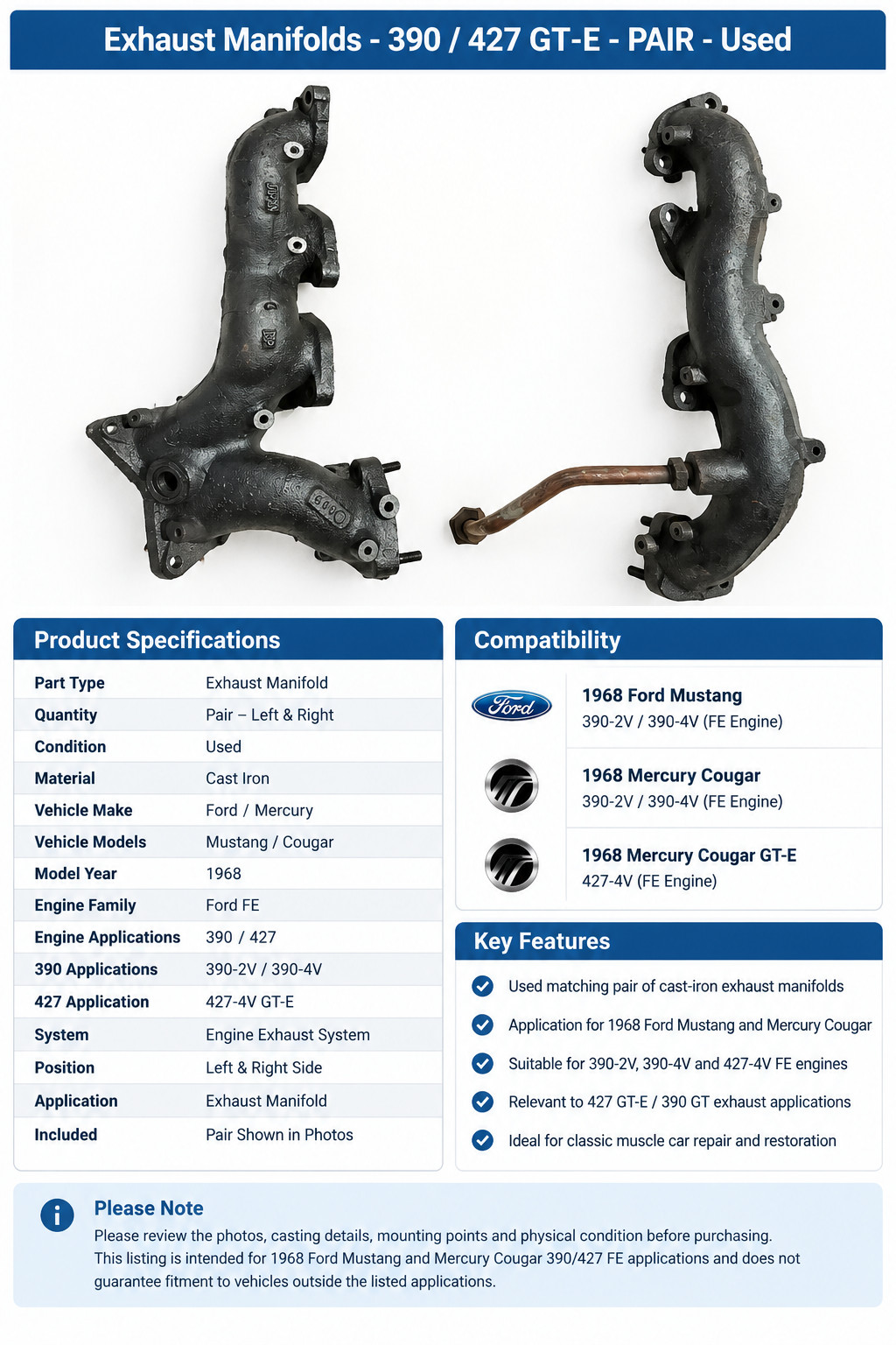 1968 Ford Mustang Mercury Cougar 390 427 GT-E Exhaust Manifolds Pair