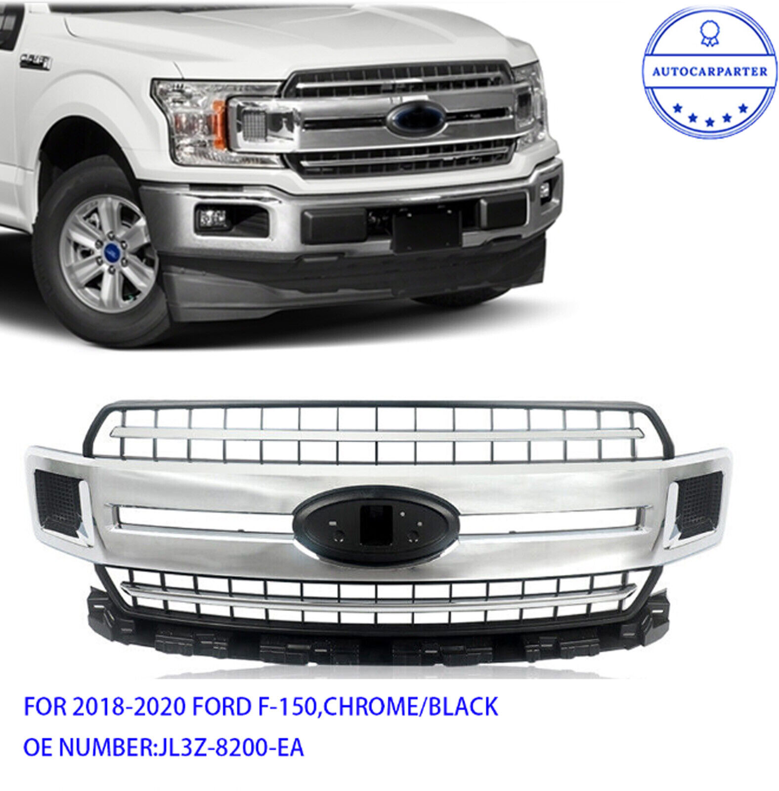 Chrome Grille JL3Z-8200-EA For 2018-2020 Ford F-150 Front Radiator Grill