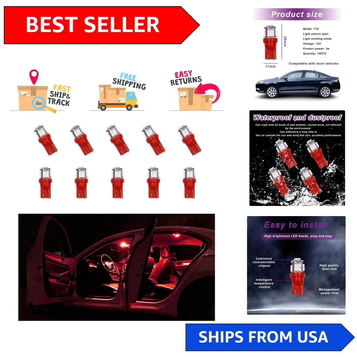 10 PCS High Brightness T10 LED Car Interior Light Bulbs - Red Ambient Lighting