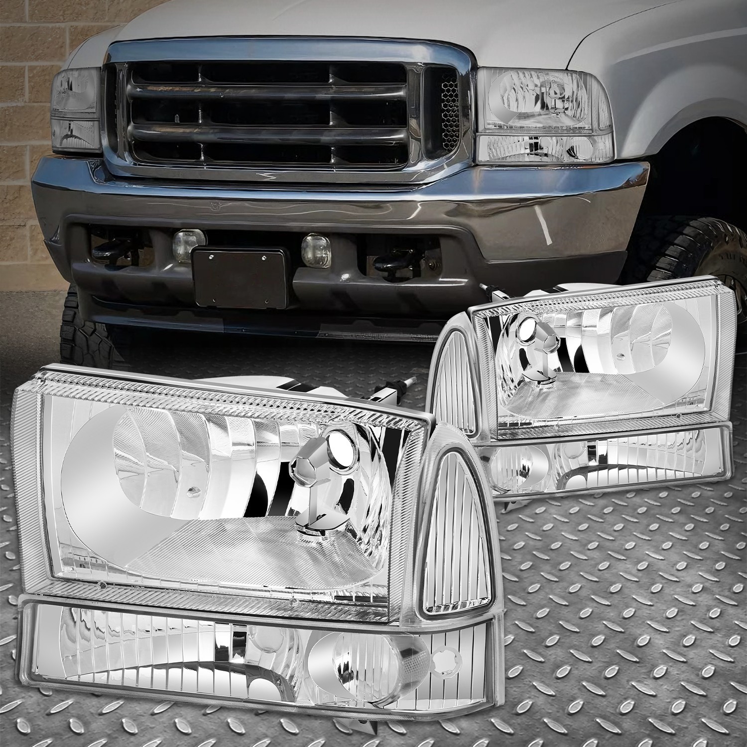 FOR 99-04 FORD F250 F350 SUPER DUTY CHROME HOUSING CLEAR CORNER HEADLIGHT LAMPS