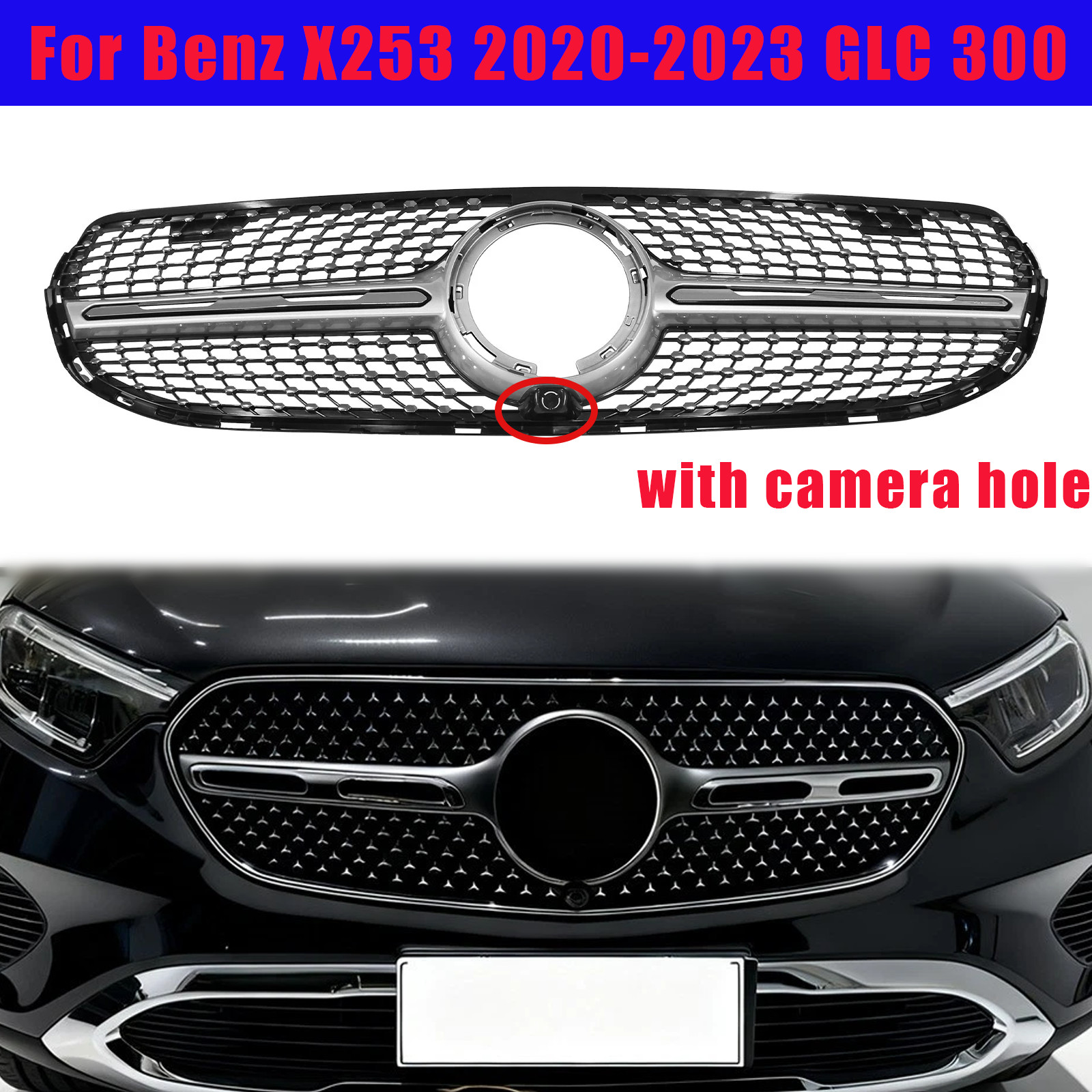 Facelift Grille For 2020-2023 Mercedes-Benz X253 GLC-Class Grill  Black+Chrome