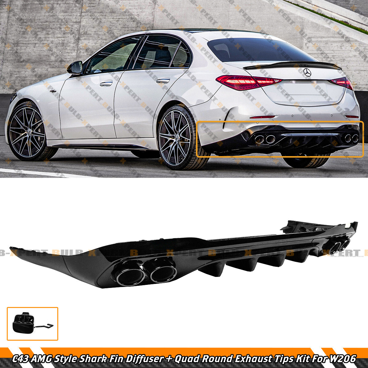 FOR 22-24 C200 C300 AMG W206 C43 STYLE REAR DIFFUSER W/ BLK CHROME EXHAUST TIPS