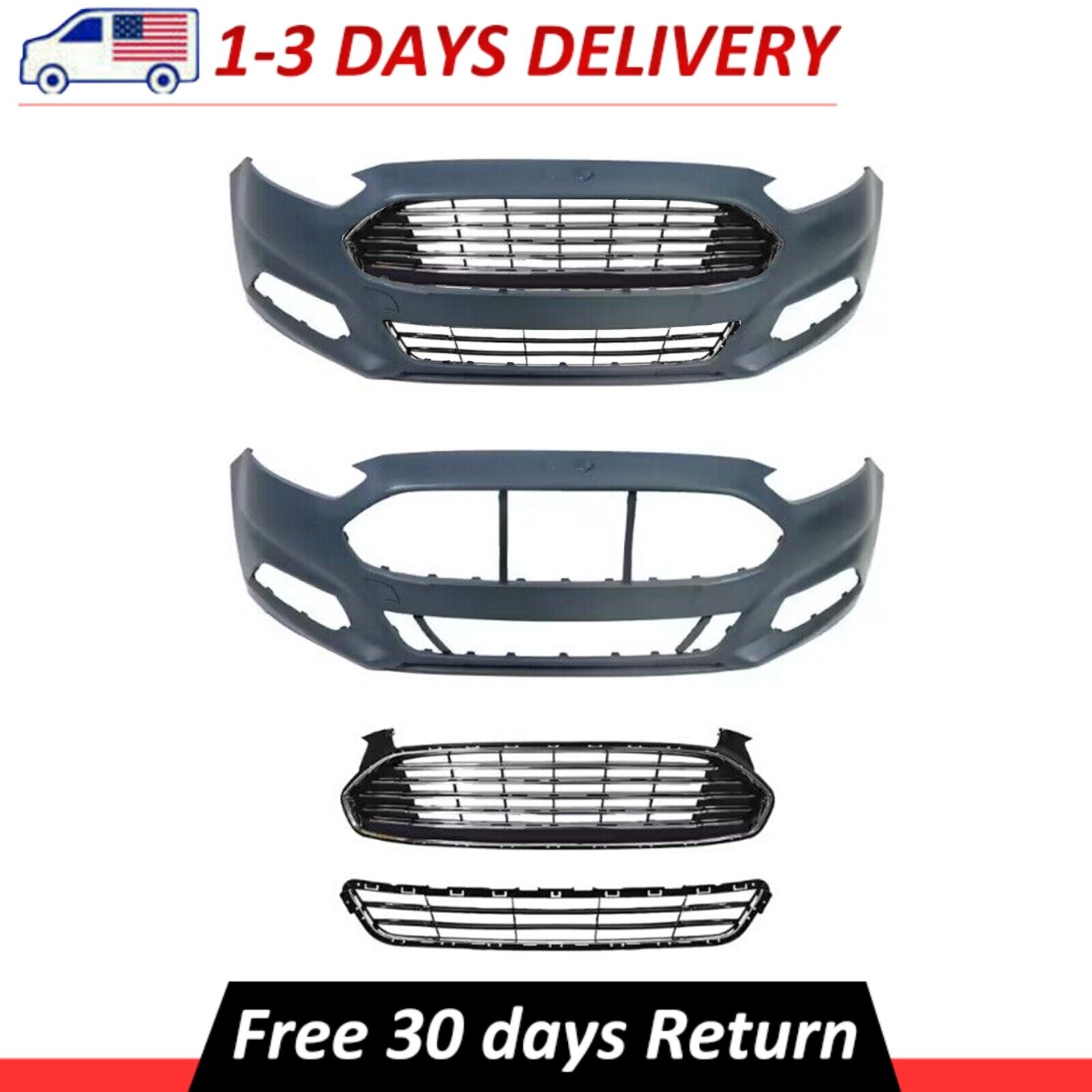 3 Pcs Front Bumper Cover & Front Upper & Lower Grille Fits 2013-2016 Ford Fusion