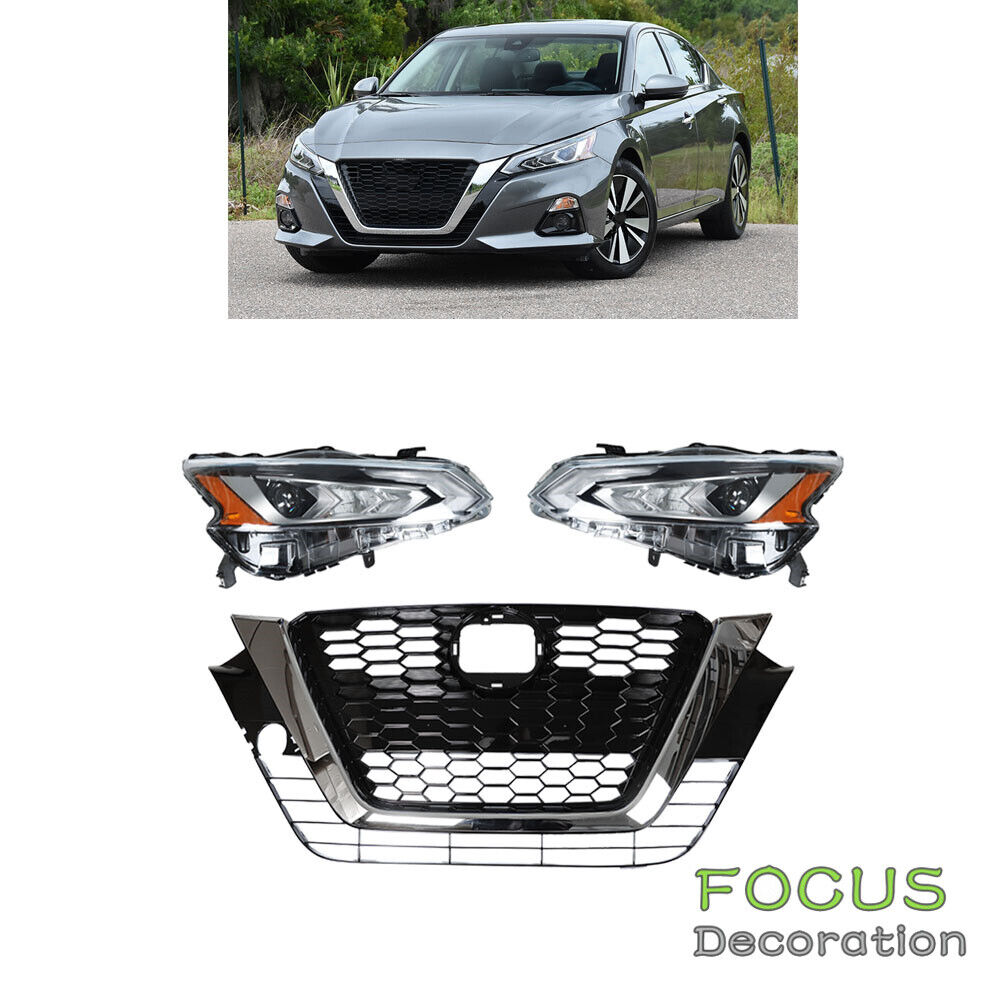 Front Bumper Upper Grille+Left&Right Side Headlights For 2019-2021 Nissan Altima