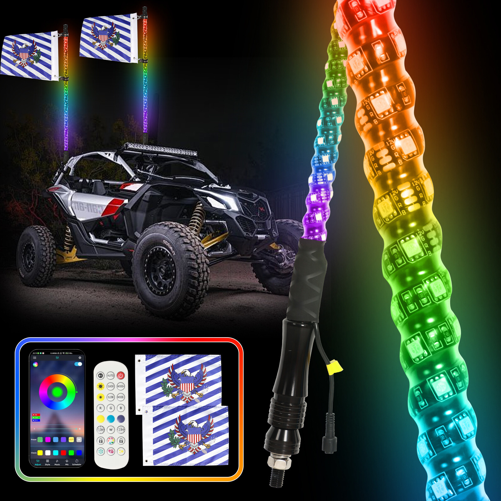 Pair 4FT RGB LED Whip Lights Spiral Antenna W/Flag & Remote APP For UTV ATV RZR