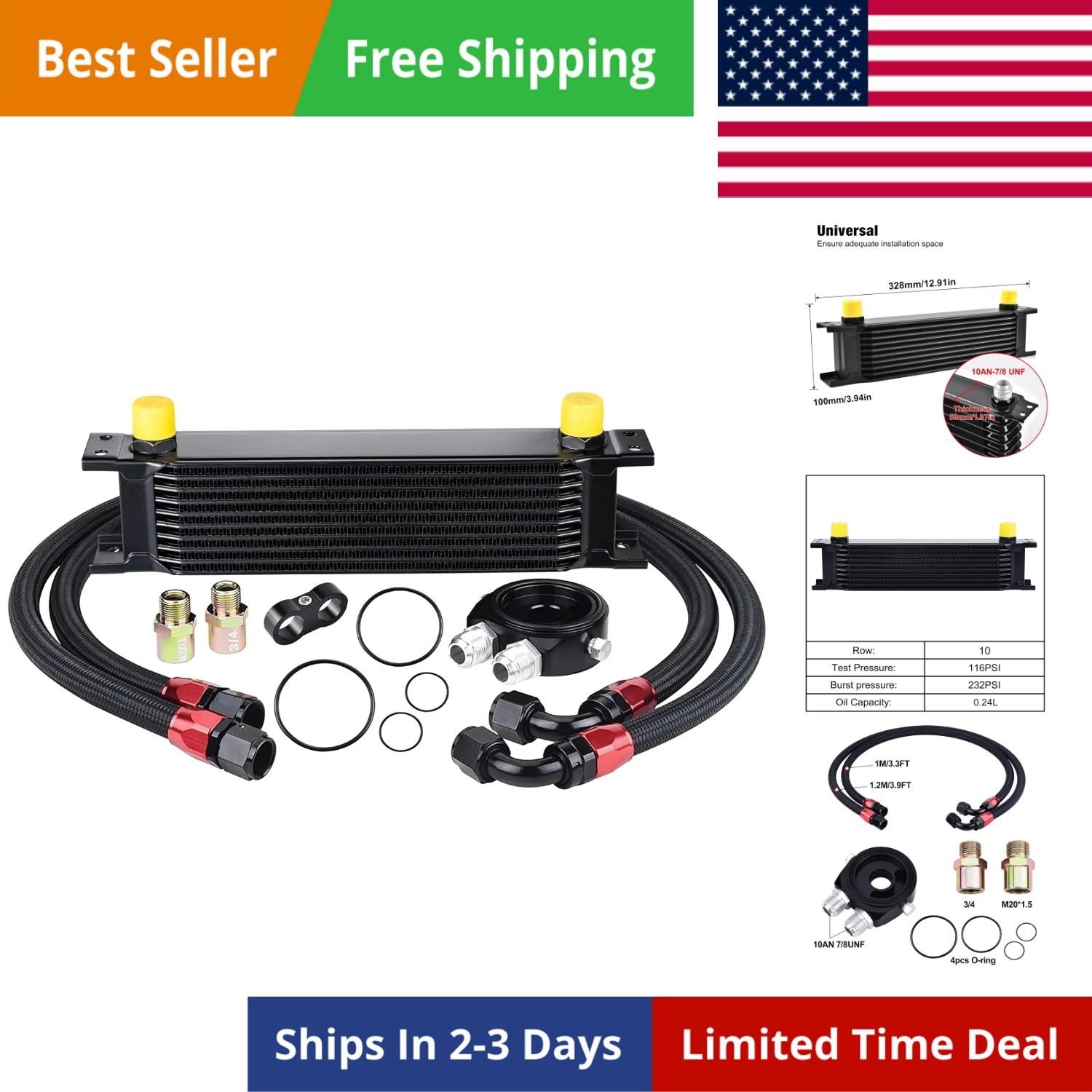 10 Row Oil Cooler Kit, 10AN Transmission Engine Cooler British Radiator Unive... 10 Row Oil Cooler Kit, 10AN Transmission Engine Cooler British Radiator Unive...