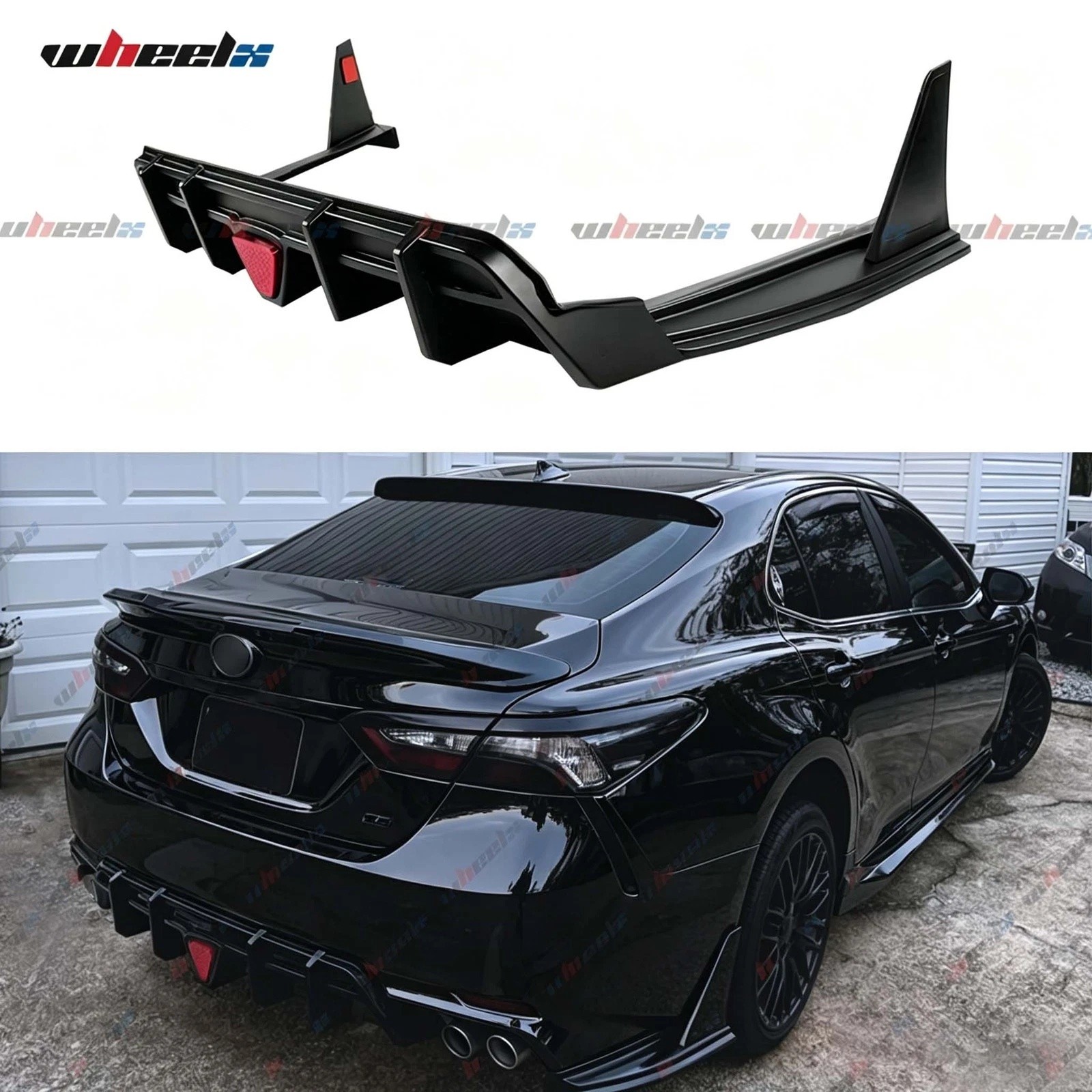 Gloss Black Rear Bumper Diffuser W/Smoke LED Light For 18-24 Toyota Camry SE XSE