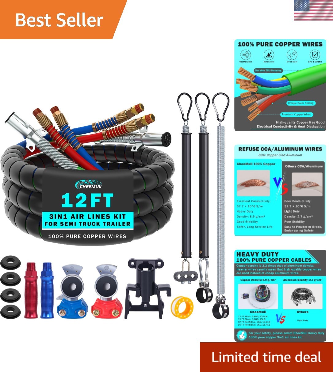 12FT Semi Truck Air Lines Kit 3-in-1 Air Hoses for Truck Trailer | 12FT 7 Way...