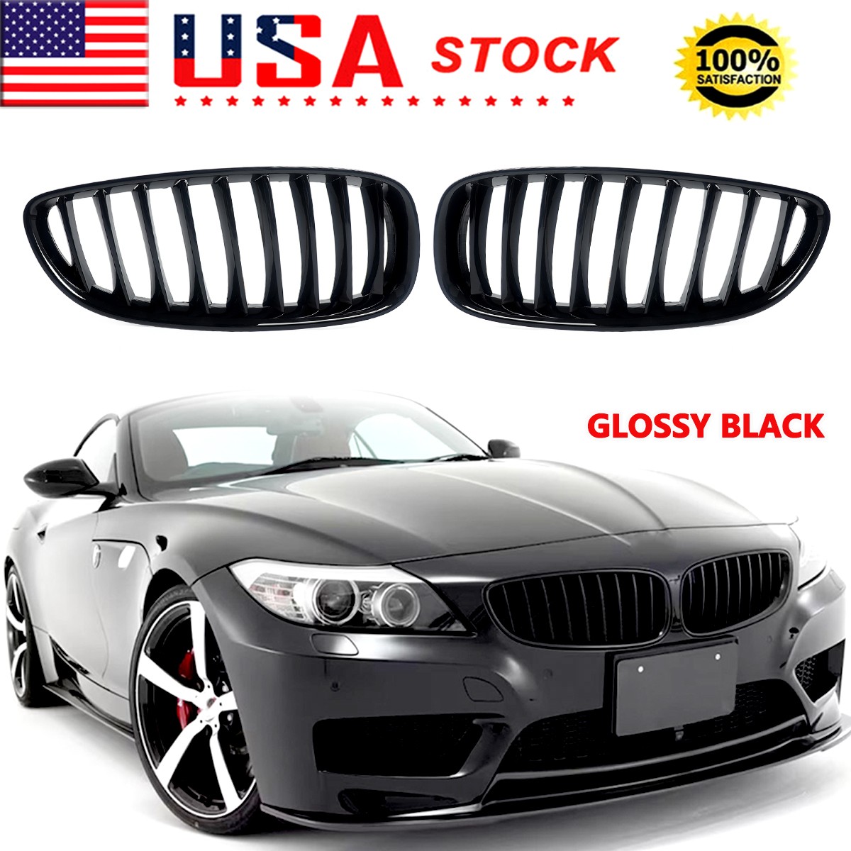 Pair Gloss Black Front Bumper Kidney Grille For 2009-2016 BMW Z4 E89 Hood Grills