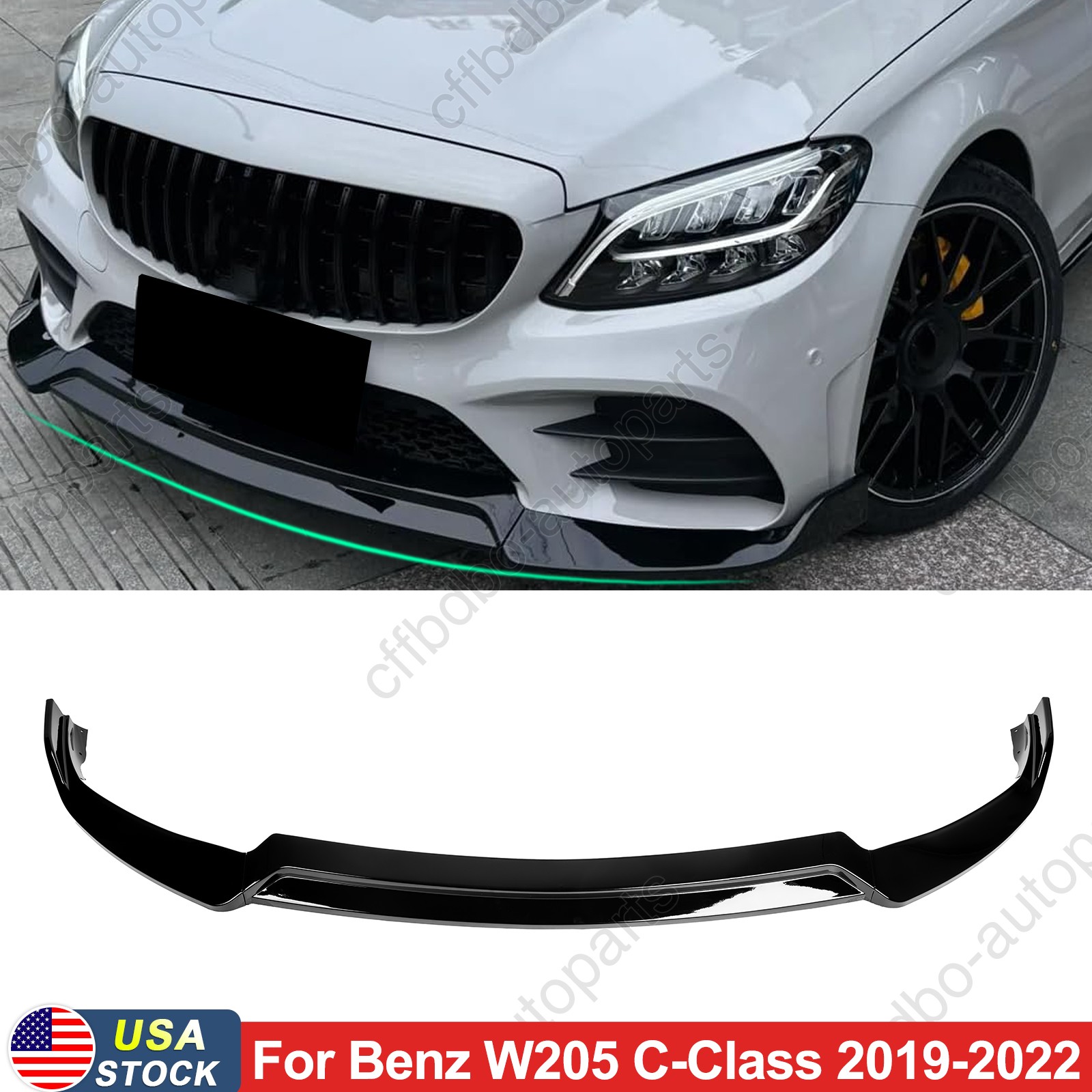 Gloss Black Front Bumper Body Kit Lip For 2019-2021 Mercedes W205 Sedan C-Class