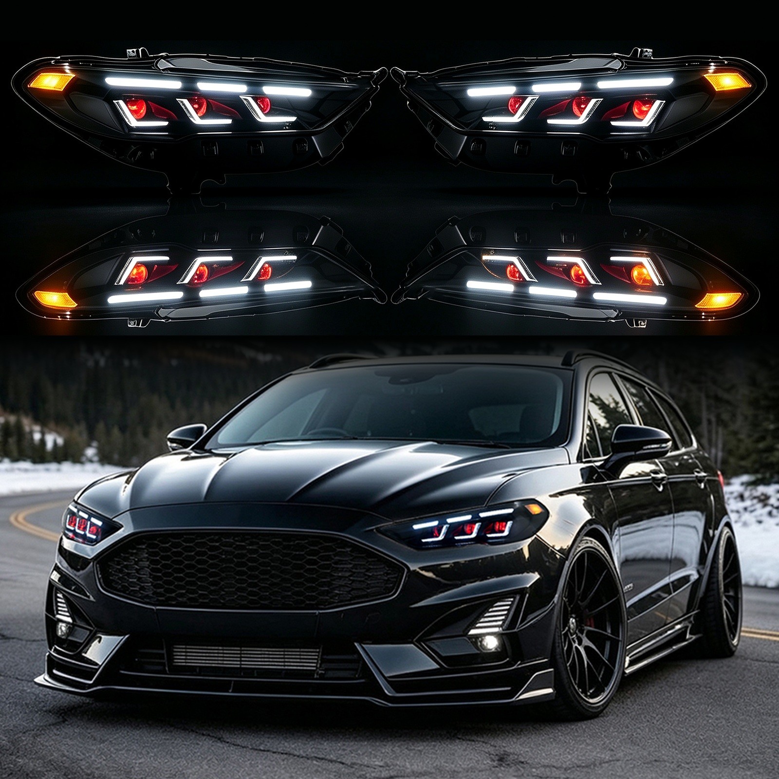 LED Tri-Projector Sequential Headlights For Ford Fusion 2017-2021 Fit Halogen 2x