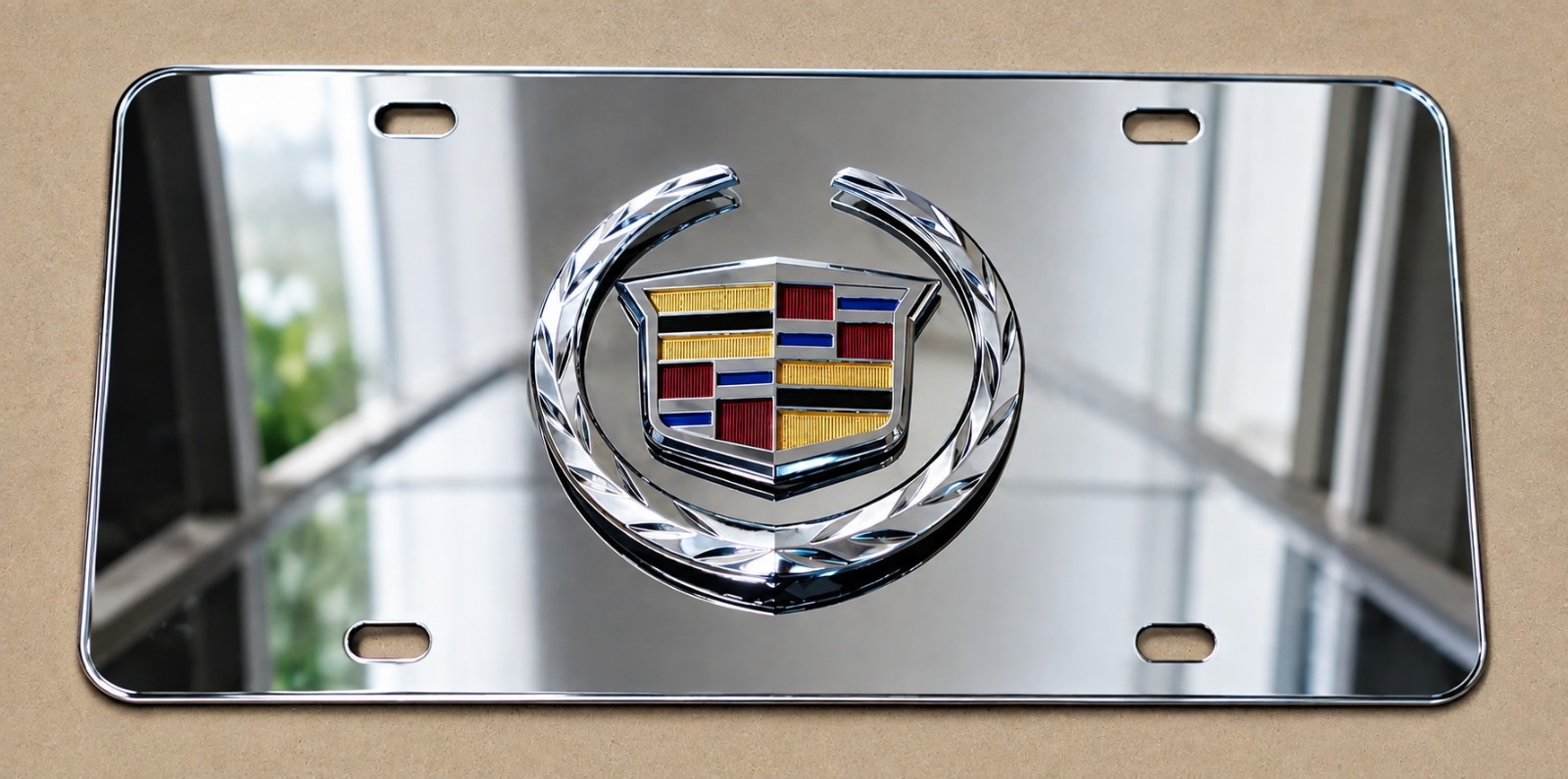 Cadillac Stainless Steel Mirror Finished License Plate wCadillac Emblem Attached