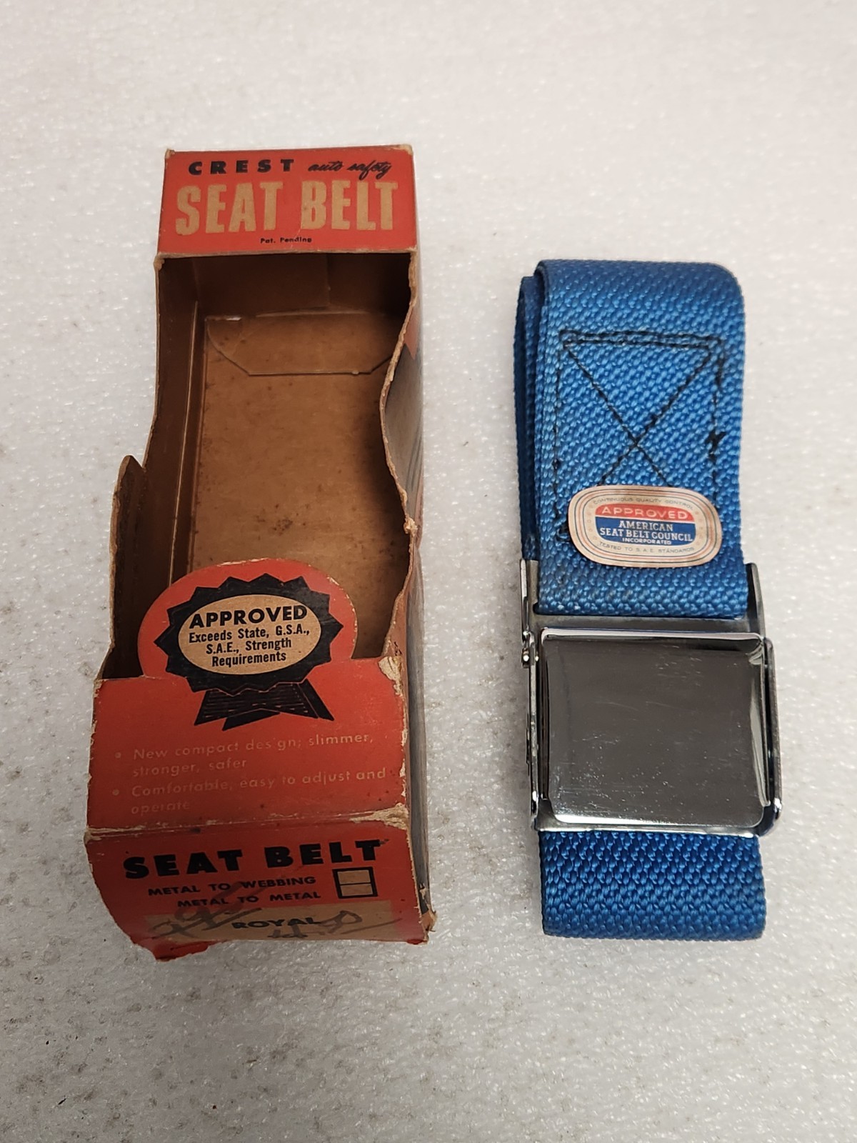 VTG NEW 50's 60's Car Truck Royal Blue Lap Seat Belt Crest Superior Industries VTG NEW 50's 60's Car Truck Royal Blue Lap Seat Belt Crest Superior Industries