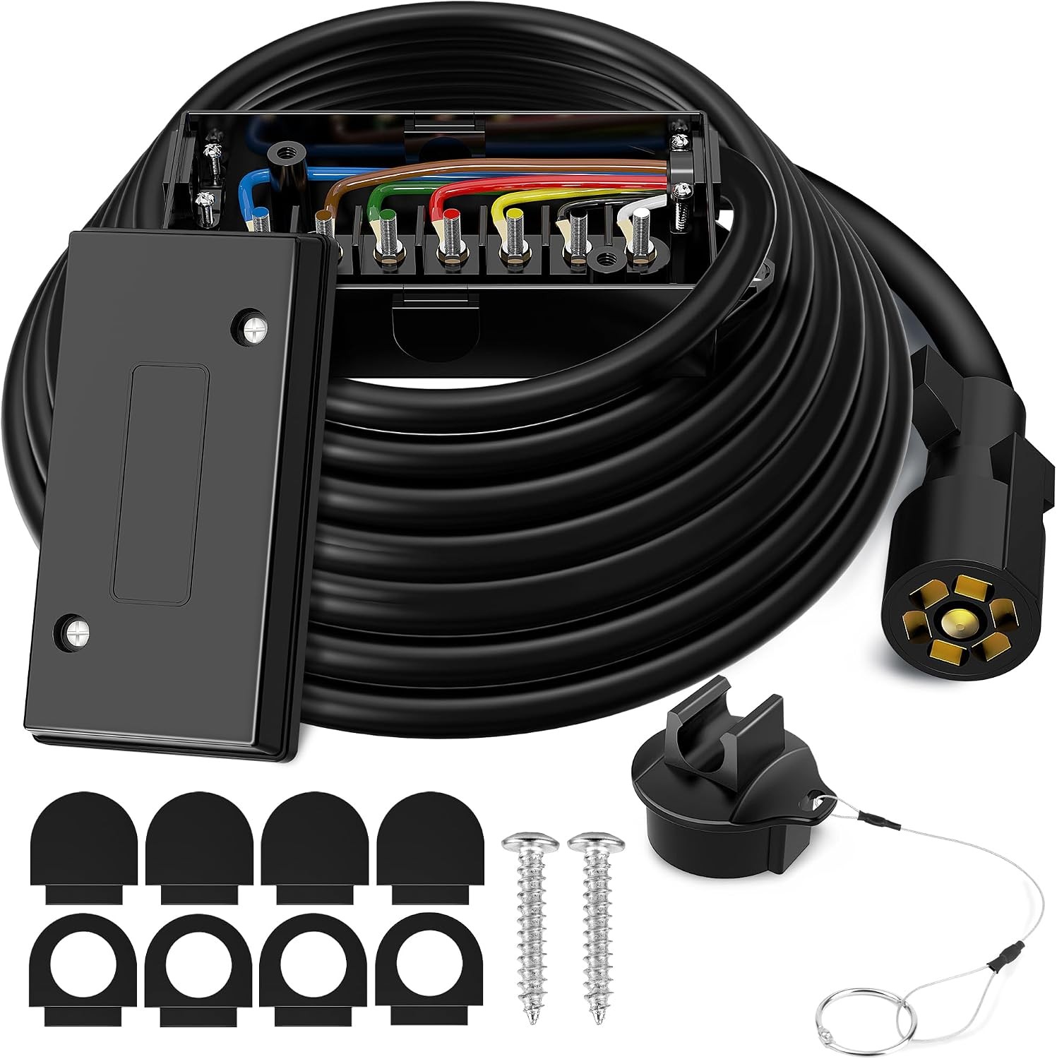 12ft 7 Way Trailer Plug Cord with 7 Gang Junction Box, 7 Pin 12 ft