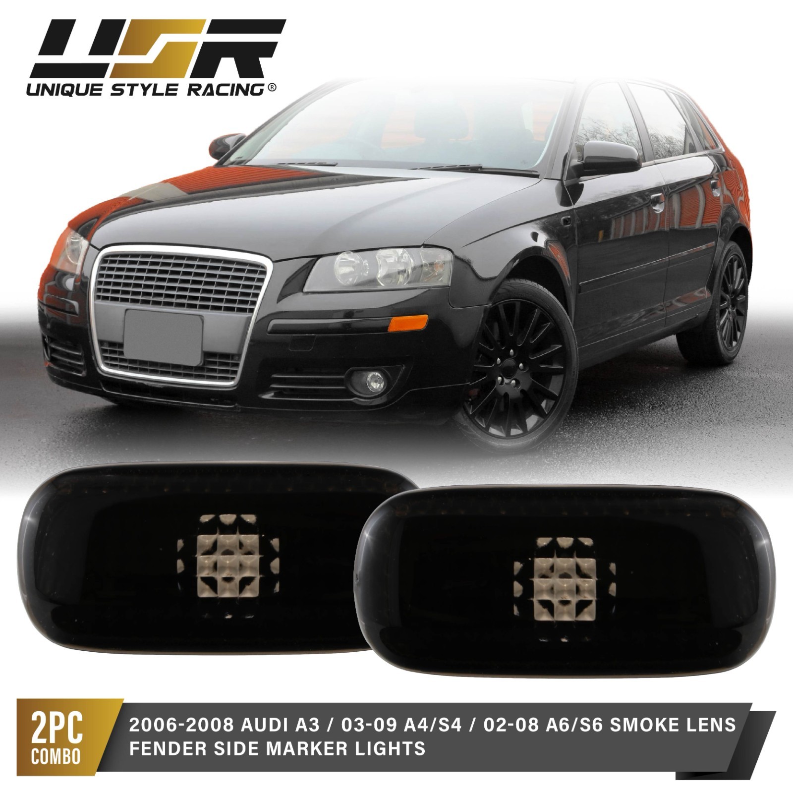 Smoke Black Housing Side Marker Lights For 2006-2008 Audi A3 / 03-09 Audi A4/S4