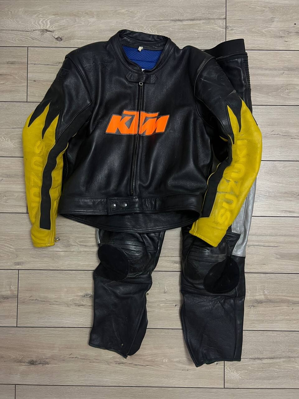 Men Vintage Suzuki KTM giudici Motocyycle Leather 2 piece suit Jacket Pants sz56