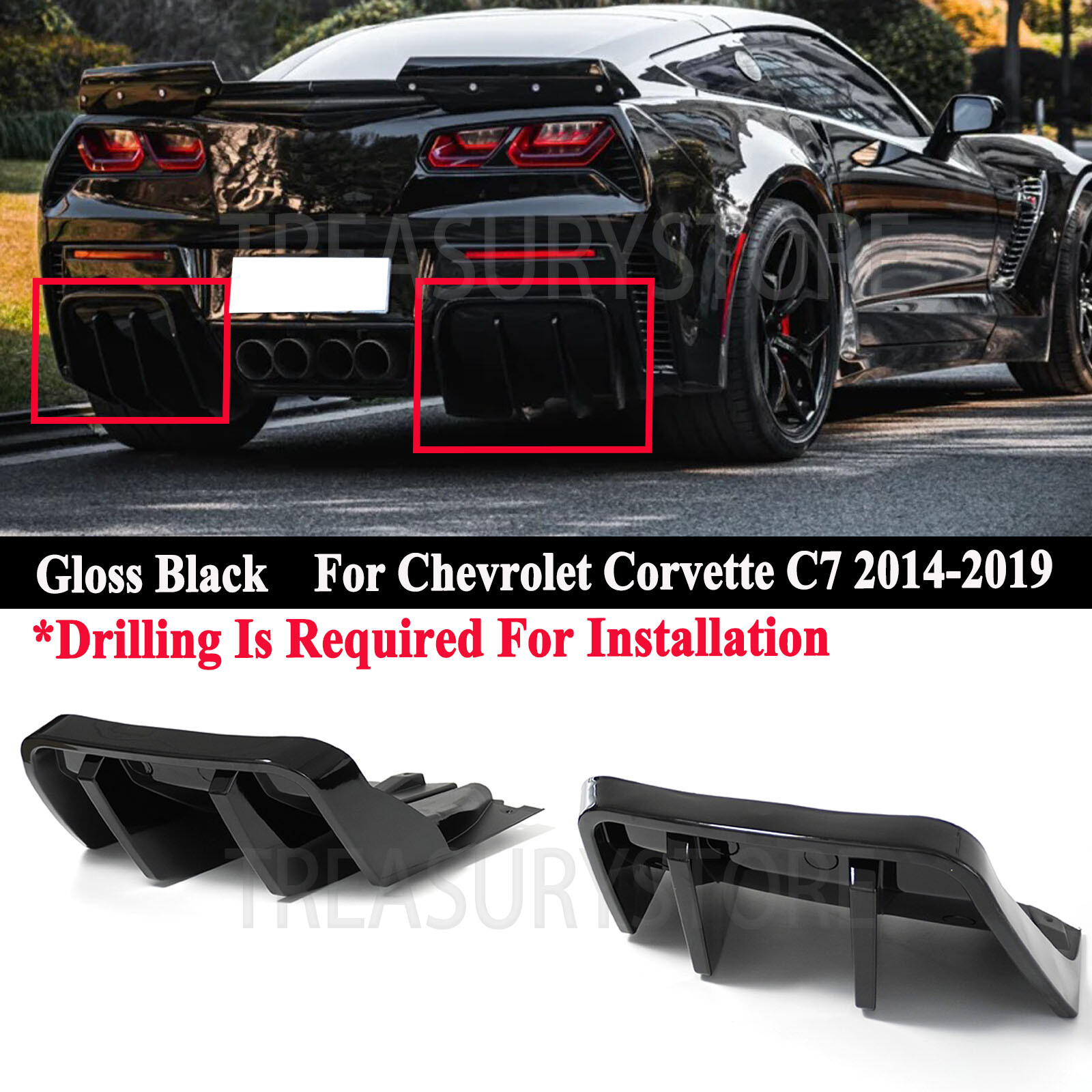 For Corvette C7 Z06 2014-2019 STG 3 Add-On Rear Bumper Diffuser Kit Gloss Black