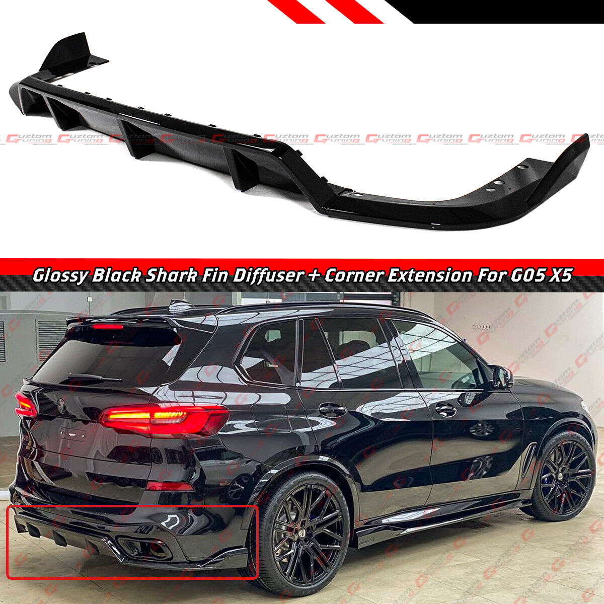 For 19-25 BMW X5 G05 M Sport Gloss Black Rear Bumper Diffuser W/Corner Extension