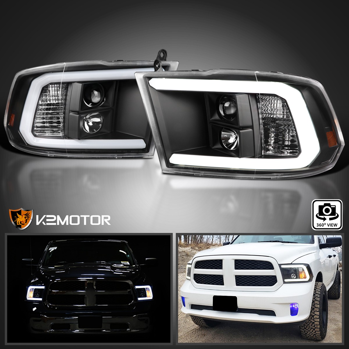Fits 2009-2018 Dodge Ram 1500 2500 3500 Black LED Light Bar Projector Headlights Fits 2009-2018 Dodge Ram 1500 2500 3500 Black LED Light Bar Projector Headlights
