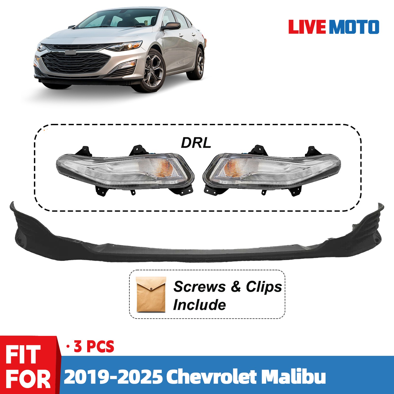 For 2019-2025 Chevrolet Malibu Front Lower Bumper Cover Black Primed w/ LED DRL