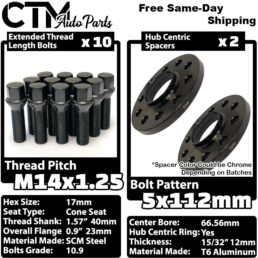 2x 12mm Thick 5x112 66.56mm C.B Wheel Spacer + 14x1.25 Black Bolt Fit Latest BMW