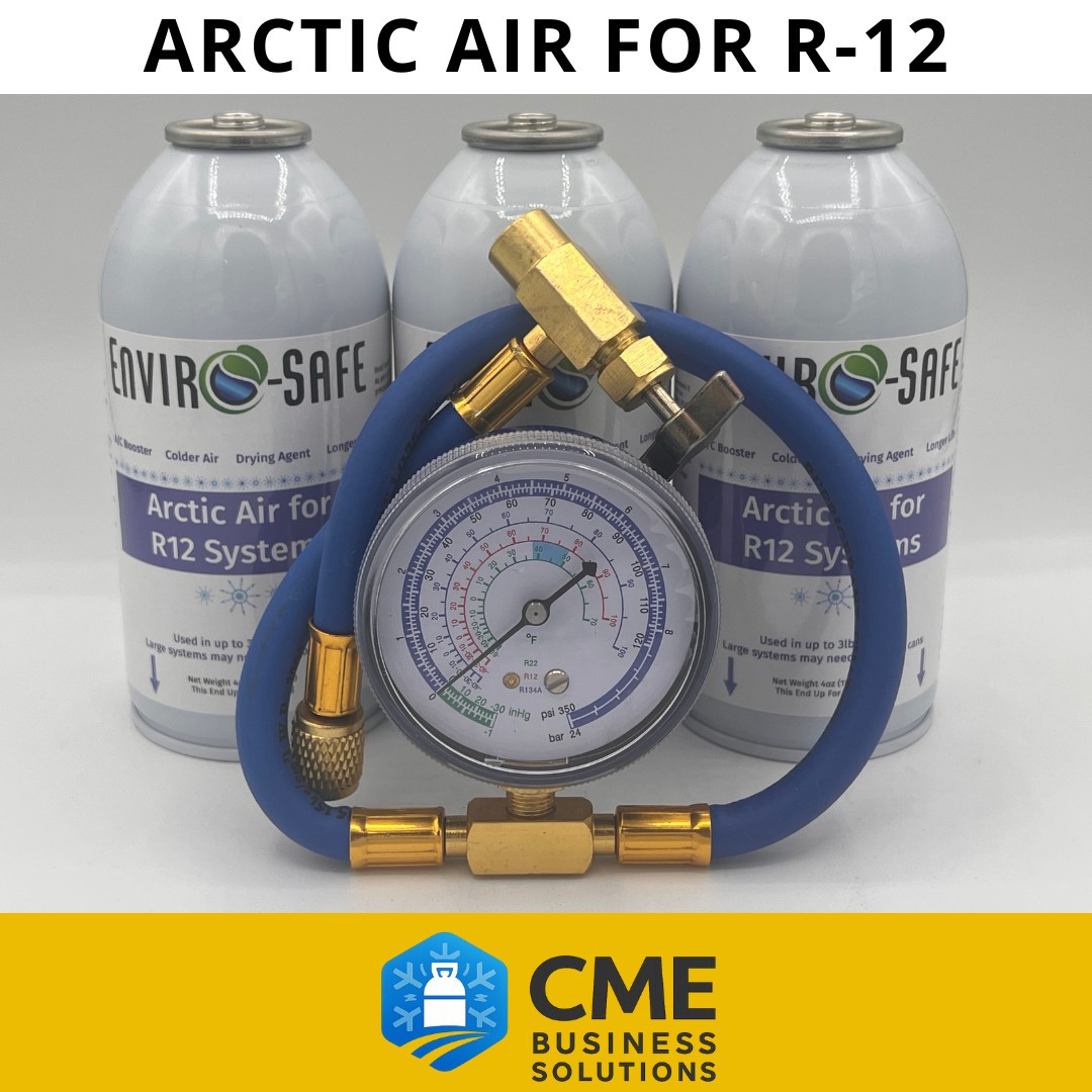 Envirosafe Arctic Air For\' R12 Auto AC Support 3 Cans & Brass Charging Gauge