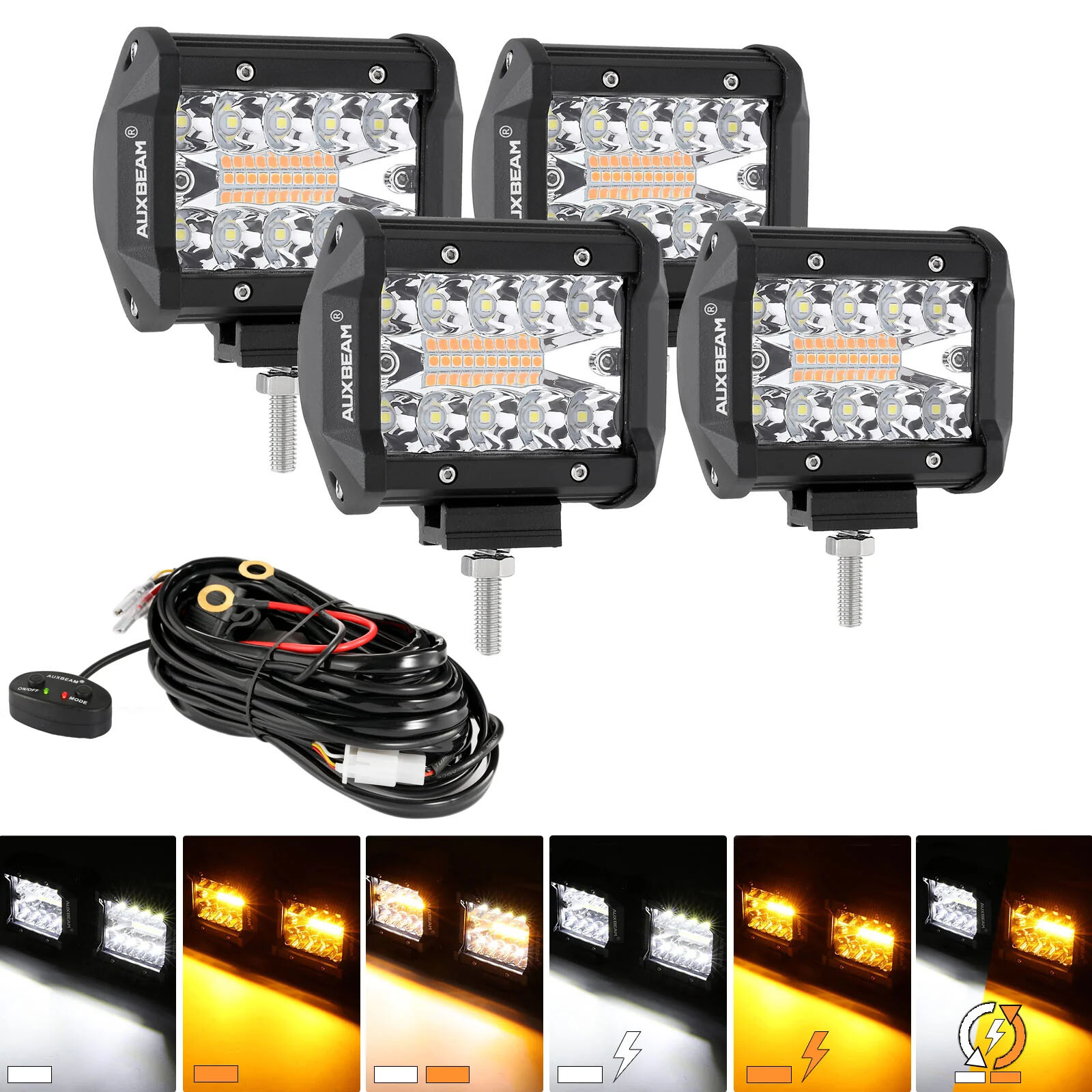 4x AUXBEAM 4Inch Strobe LED Work Light Bar Spot Pods Offroad Driving White Amber