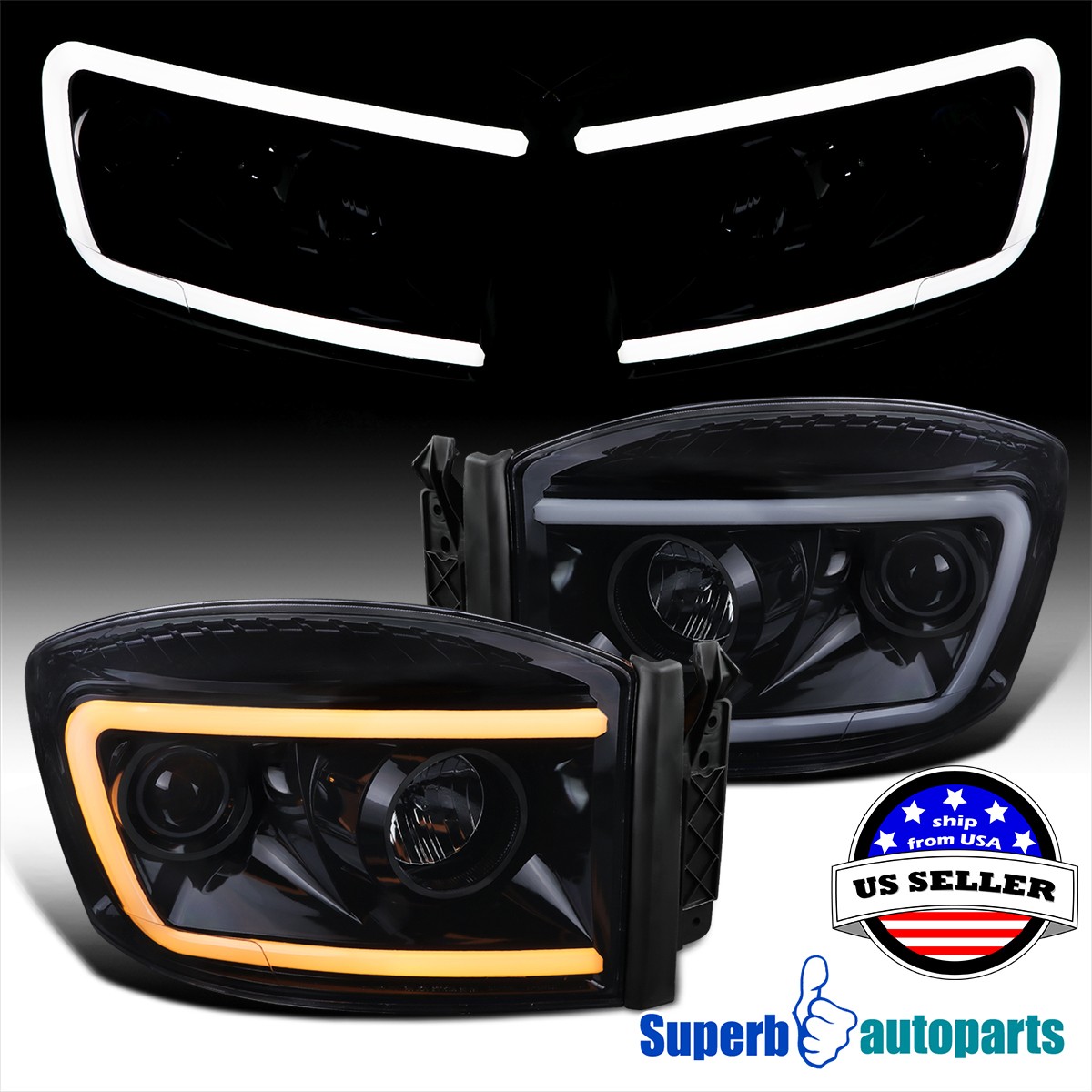 Fits 2006-2008 Ram 1500 Glossy Black Projector Headlights Switchback LED Signal
