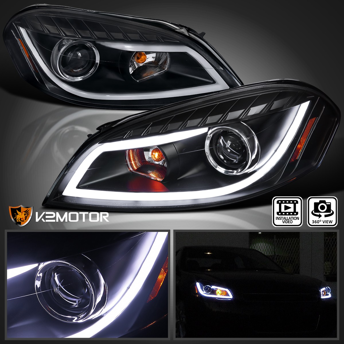 Black Fits 2006-2013 Chevy Impala LED Strip Projector Headlights Signal Lamps