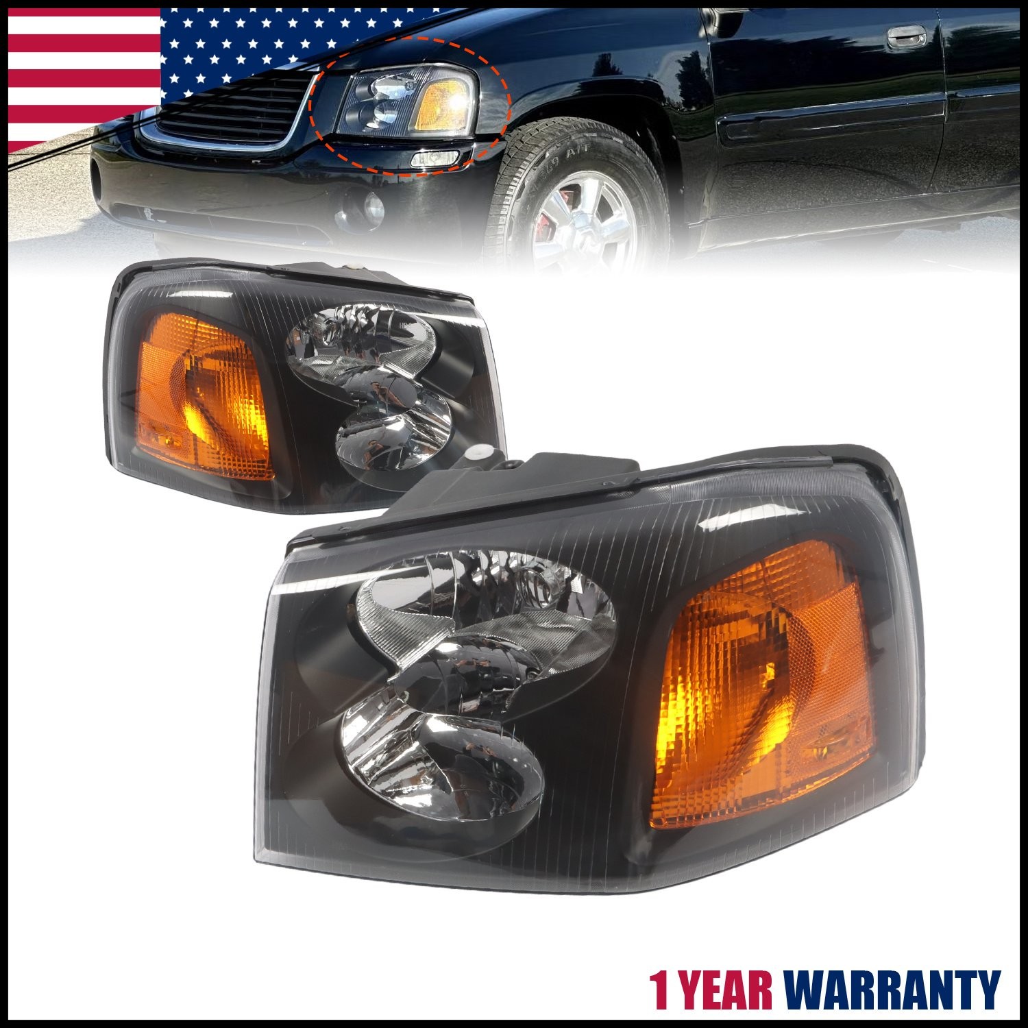 For 2002-2009 GMC Envoy XL Black Headlights Headlamps Replacement Left+Right