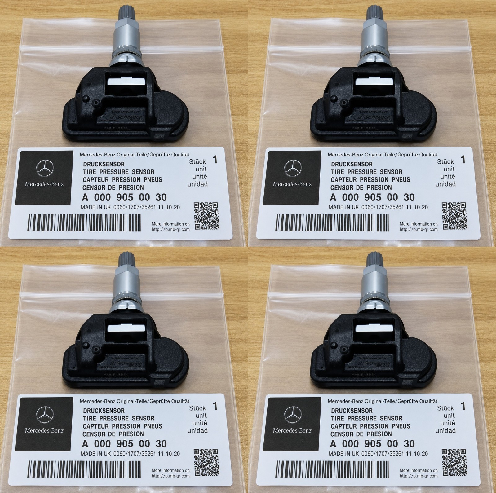 Brand New Set of Four (4) OEM Genuine Mercedes TPMS 0009050030, A0009050030