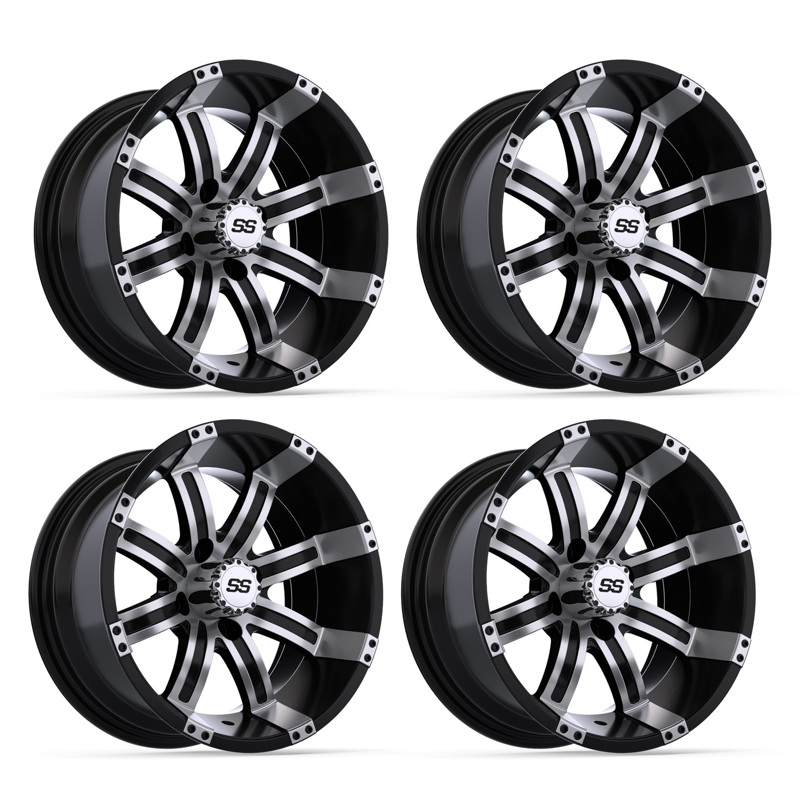 Set of 4 GTW Tempest Golf Cart Machined / Black 14x7 Wheel | 3:4 offset (ET-.25)