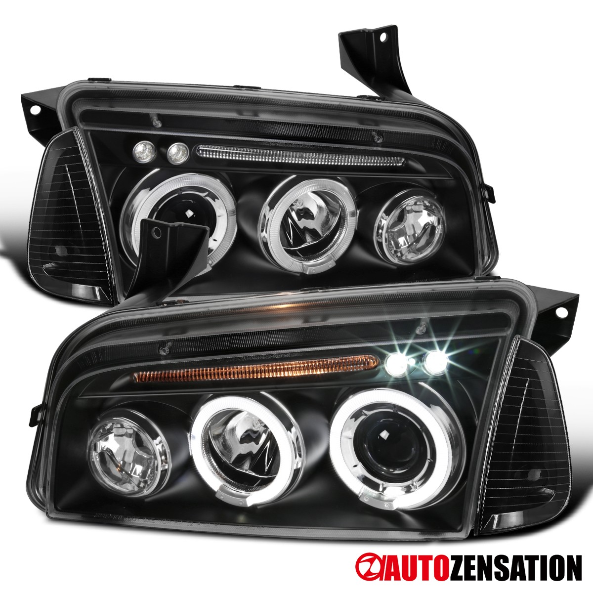 Fit 2006-2010 Dodge Charger Black LED Halo Projector Headlights+Corner Signal