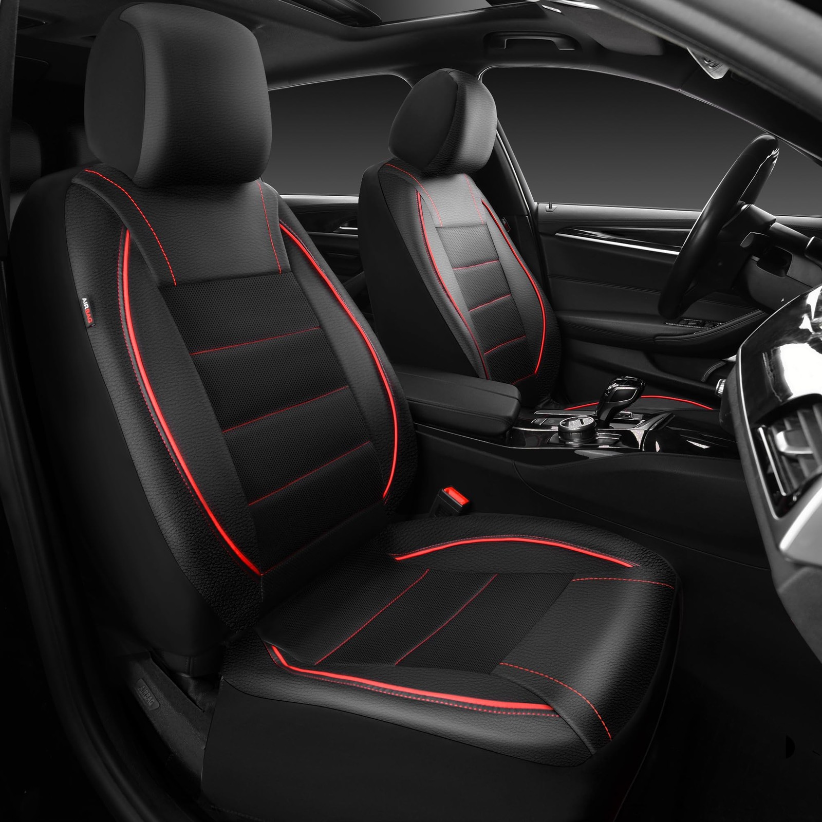 CAR PASS Universal FIT Piping Leather Two Front Seat Covers, 6PCS, Black Red CAR PASS Universal FIT Piping Leather Two Front Seat Covers, 6PCS, Black Red