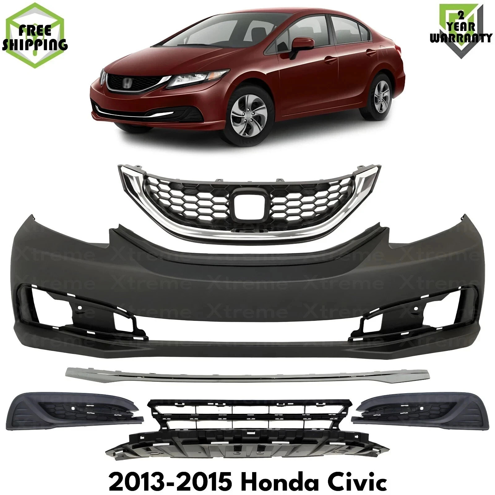 Front Bumper Cover Paintable & Grille Assembly Kit For 2013-2015 Honda Civic Front Bumper Cover Paintable & Grille Assembly Kit For 2013-2015 Honda Civic