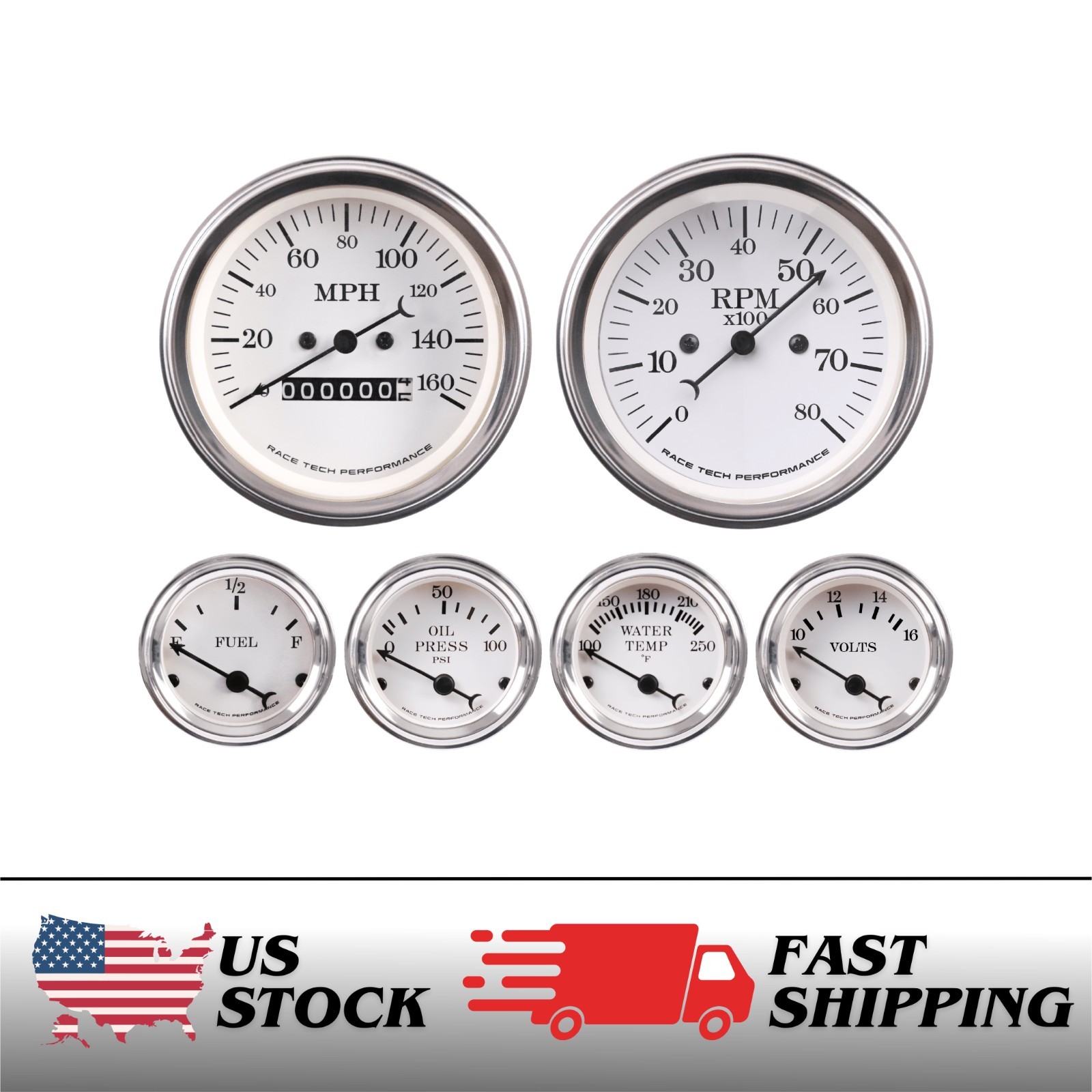 RT Classic 6 Gauge Set Mechanical Speedometer Tachometer 160MPH 8000RPM 4 Color