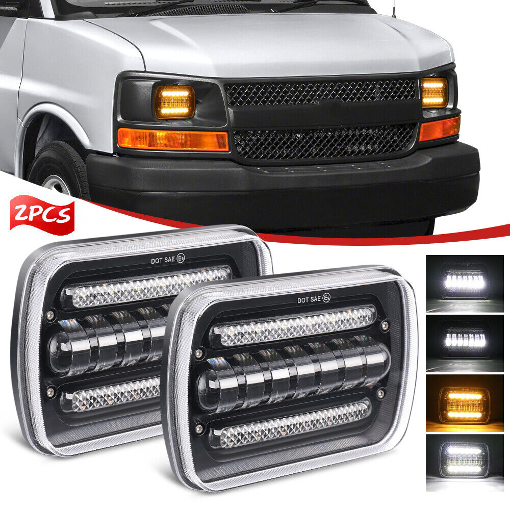 For Chevy Express Cargo Van 1500 2500 3500 Pair 7x6 5x7 LED Headlights Hi/Lo DRL