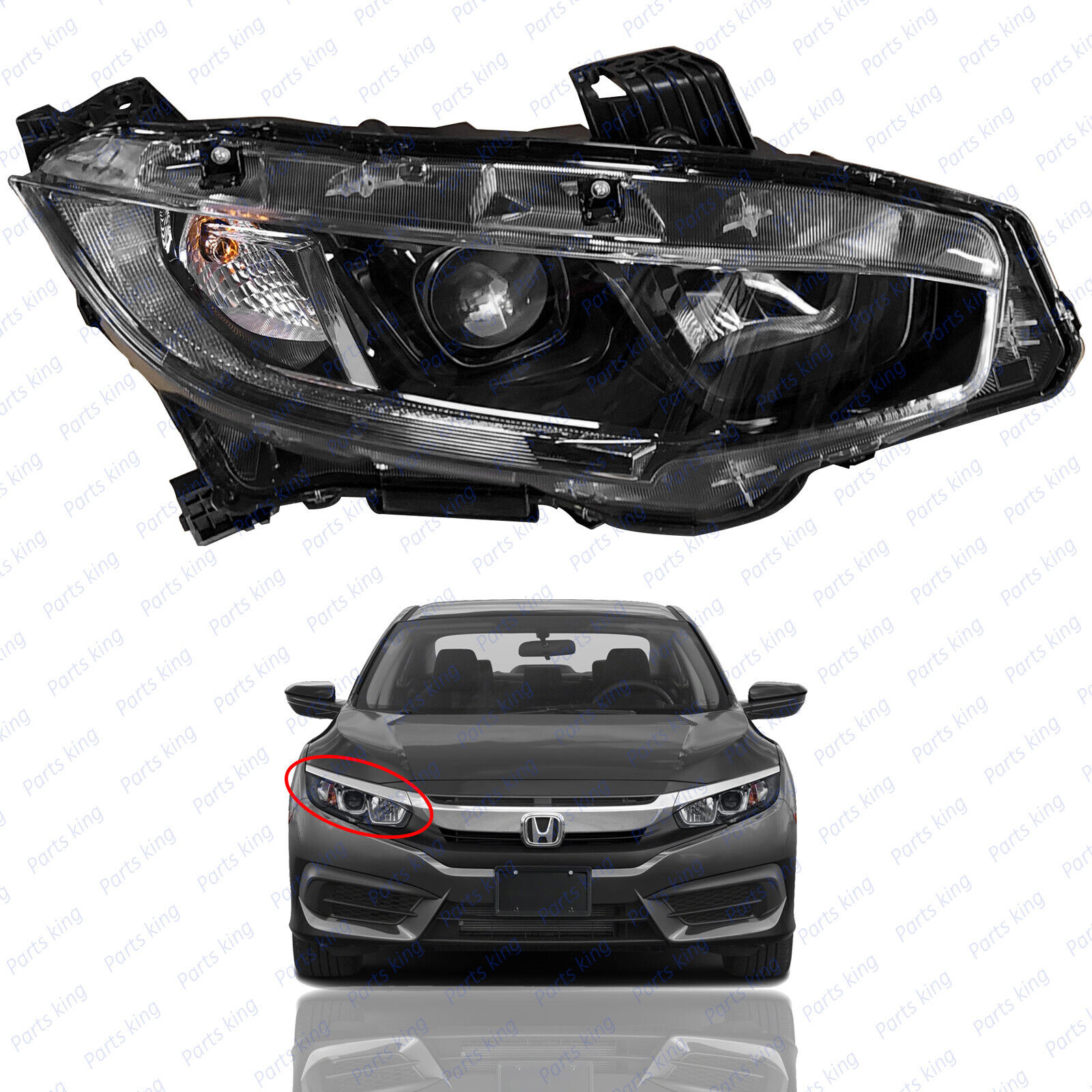 For 2016 2017 2018 2019 2020 Honda Civic Black Halogen Headlight Headlamp Right