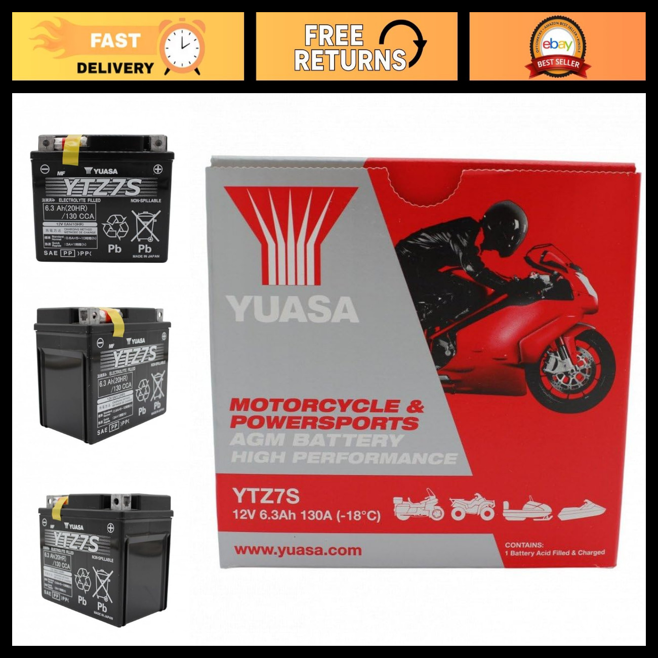 High Performance AGM YTZ7S Battery - Factory Activated, Long Lasting Power, 12V
