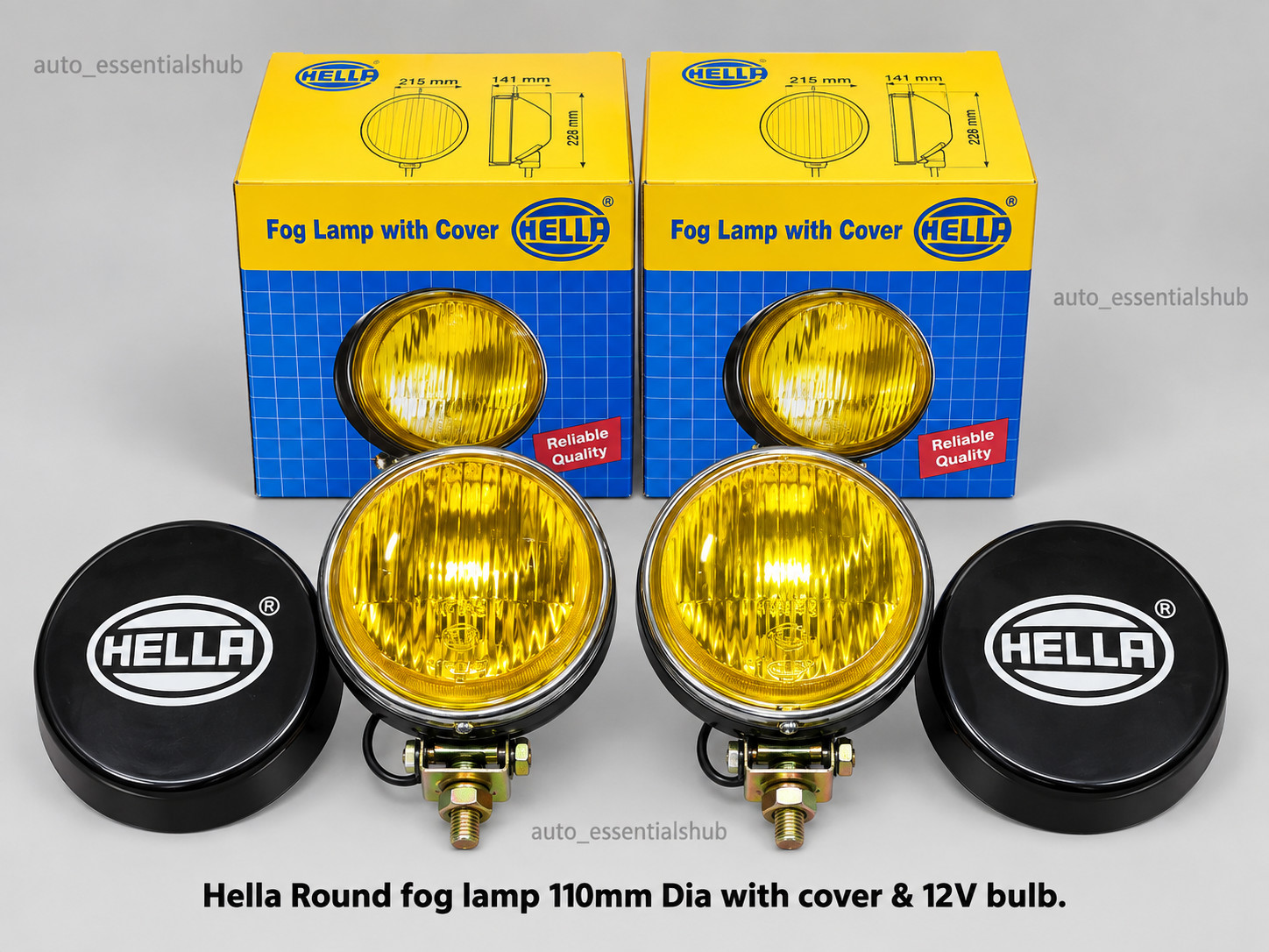Hella fog lights Universal 110mm Dia, Yellow glass with cap & 12V bulb (Pair)