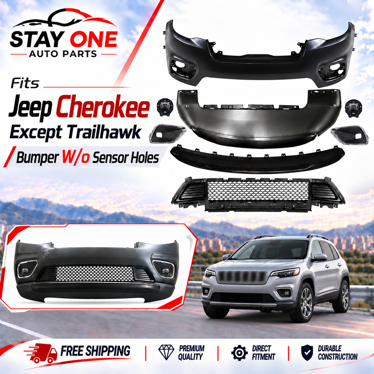 New Complete Front Bumper Cover Kit with Fog Lights For 2019-2023 Jeep Cherokee