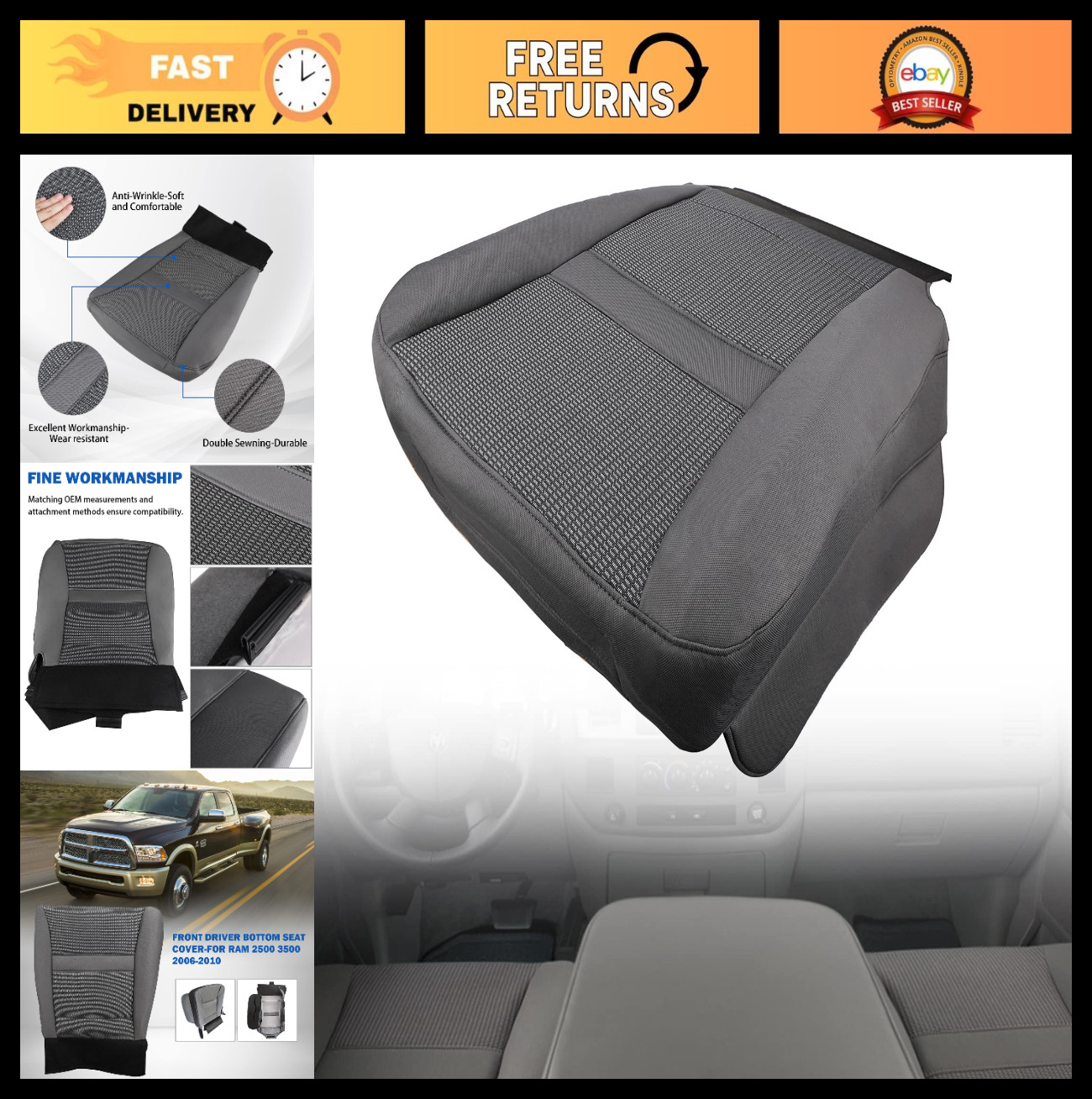 Breathable Non-Slip Bottom Seat Cover Replacement for Dodge Ram 1500 2500 3500 Breathable Non-Slip Bottom Seat Cover Replacement for Dodge Ram 1500 2500 3500
